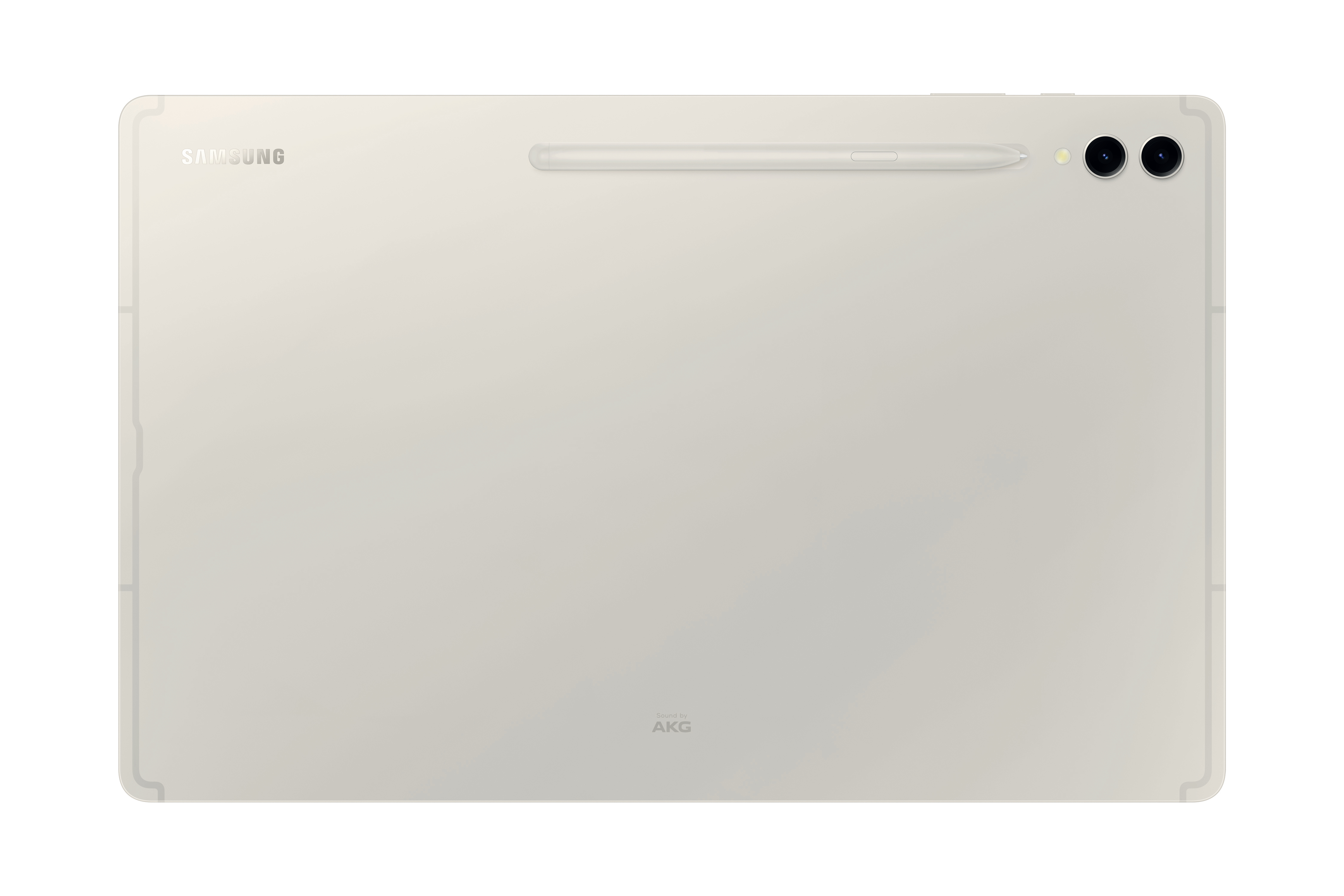 Cremefarbenes Tablet mit Stift und zwei Kameras auf der Rückseite. Samsung- und AKG-Logos sichtbar.