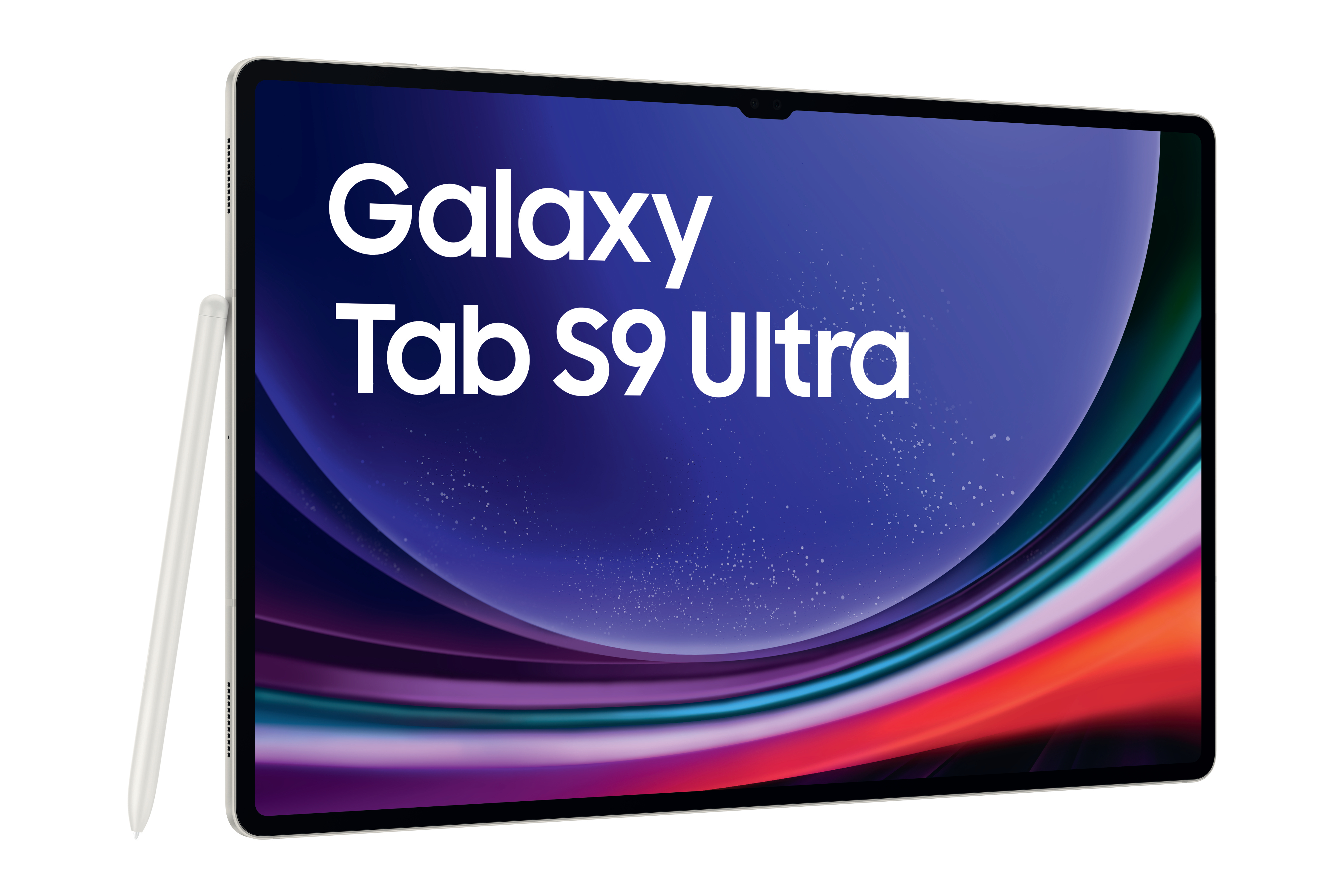 Ein weißes Tablet mit Text Galaxy Tab S9 Ultra auf dem Bildschirm und einem Stift.