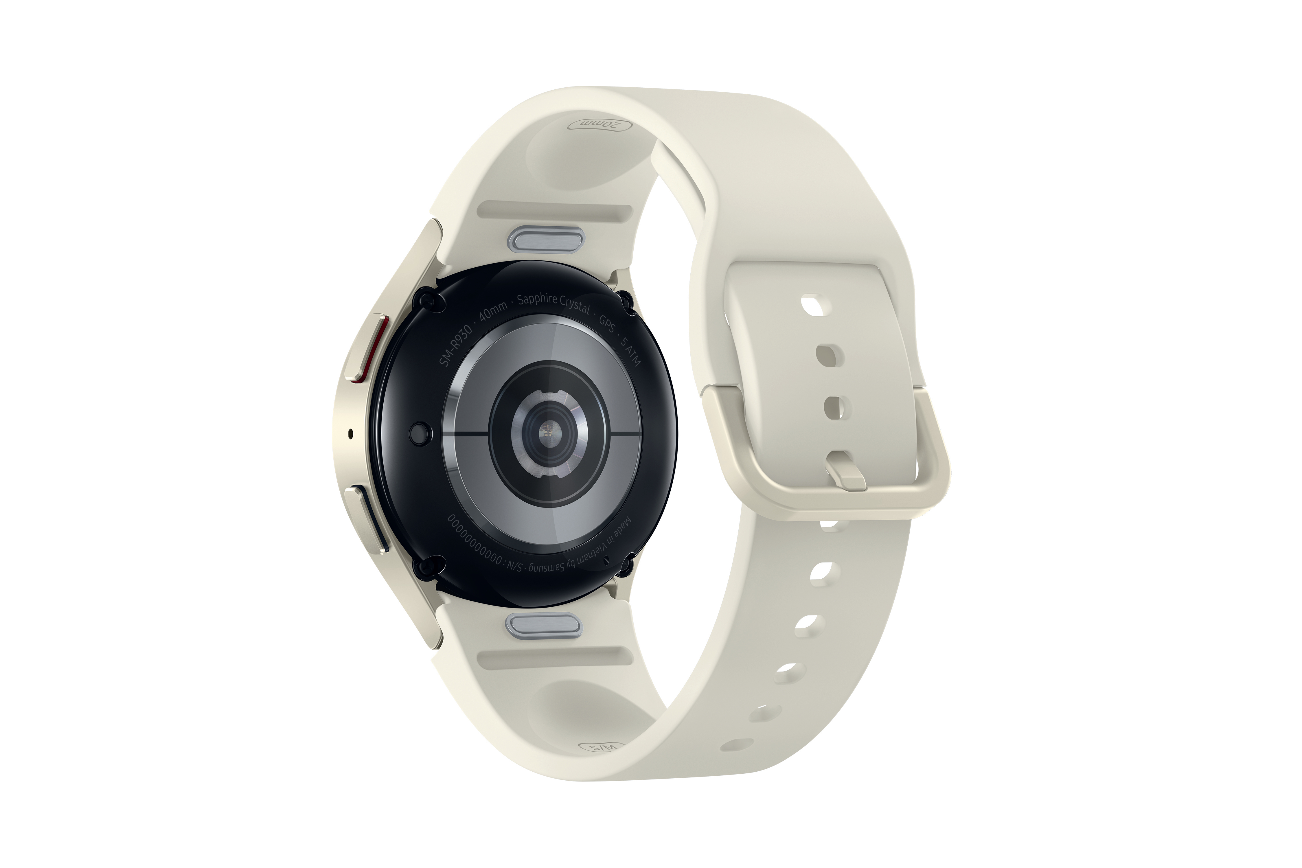 Rückansicht einer cremefarbenen Smartwatch mit cremefarbenem Armband.