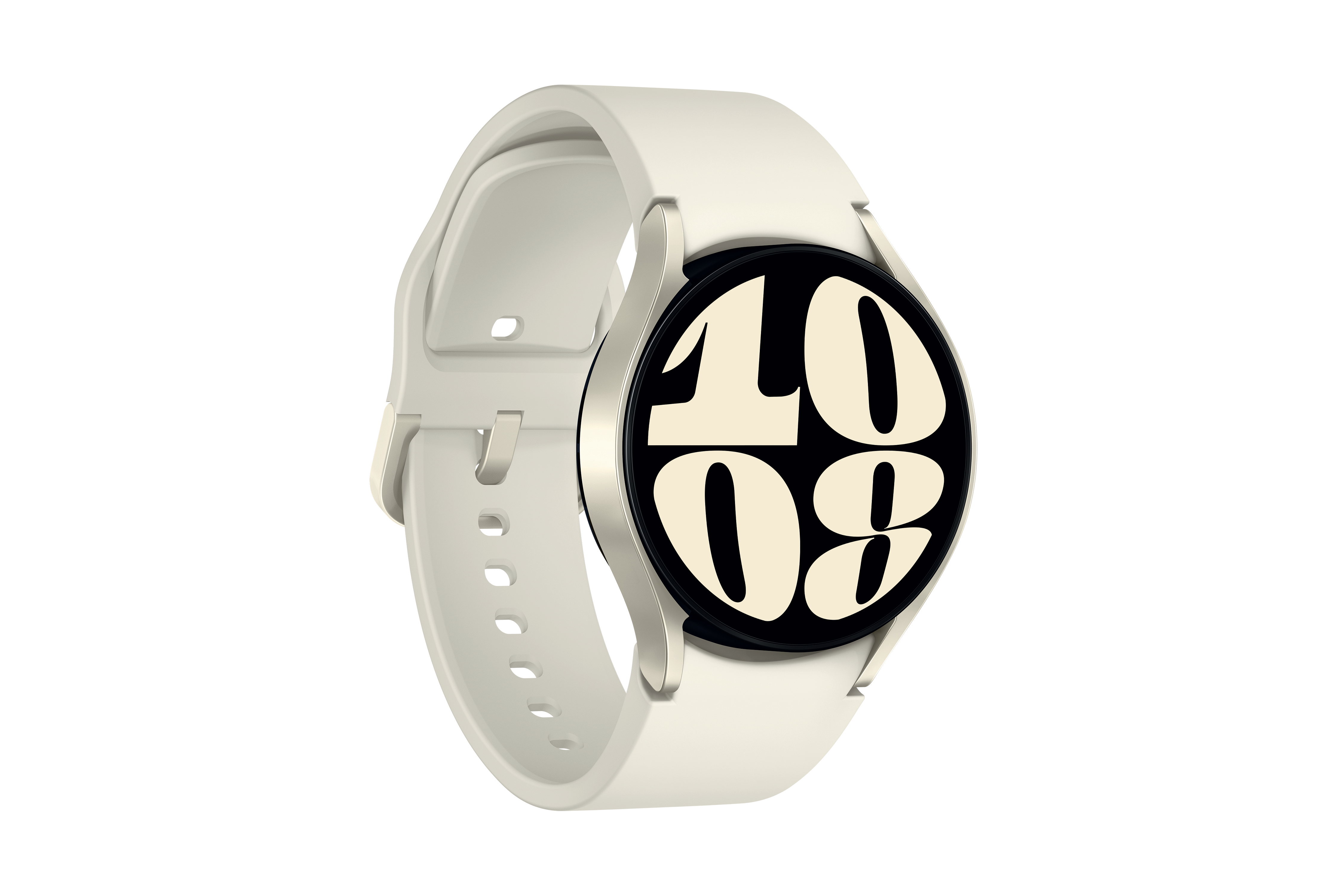 Eine weiße Samsung Galaxy Watch mit rundem Display, das die Zeit anzeigt.