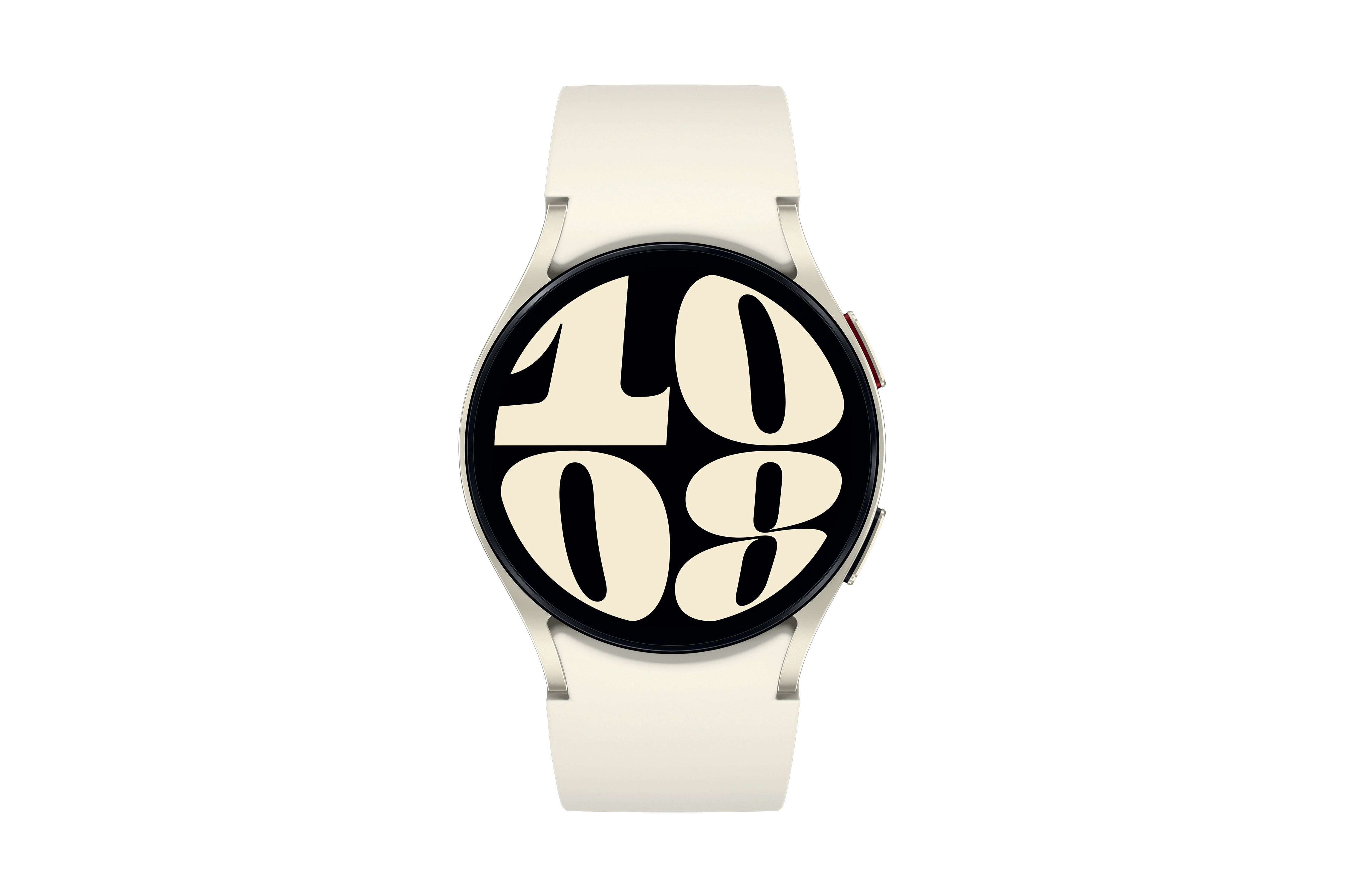 Weiße Smartwatch mit weißem Armband, Zeitanzeige, weißer Hintergrund.