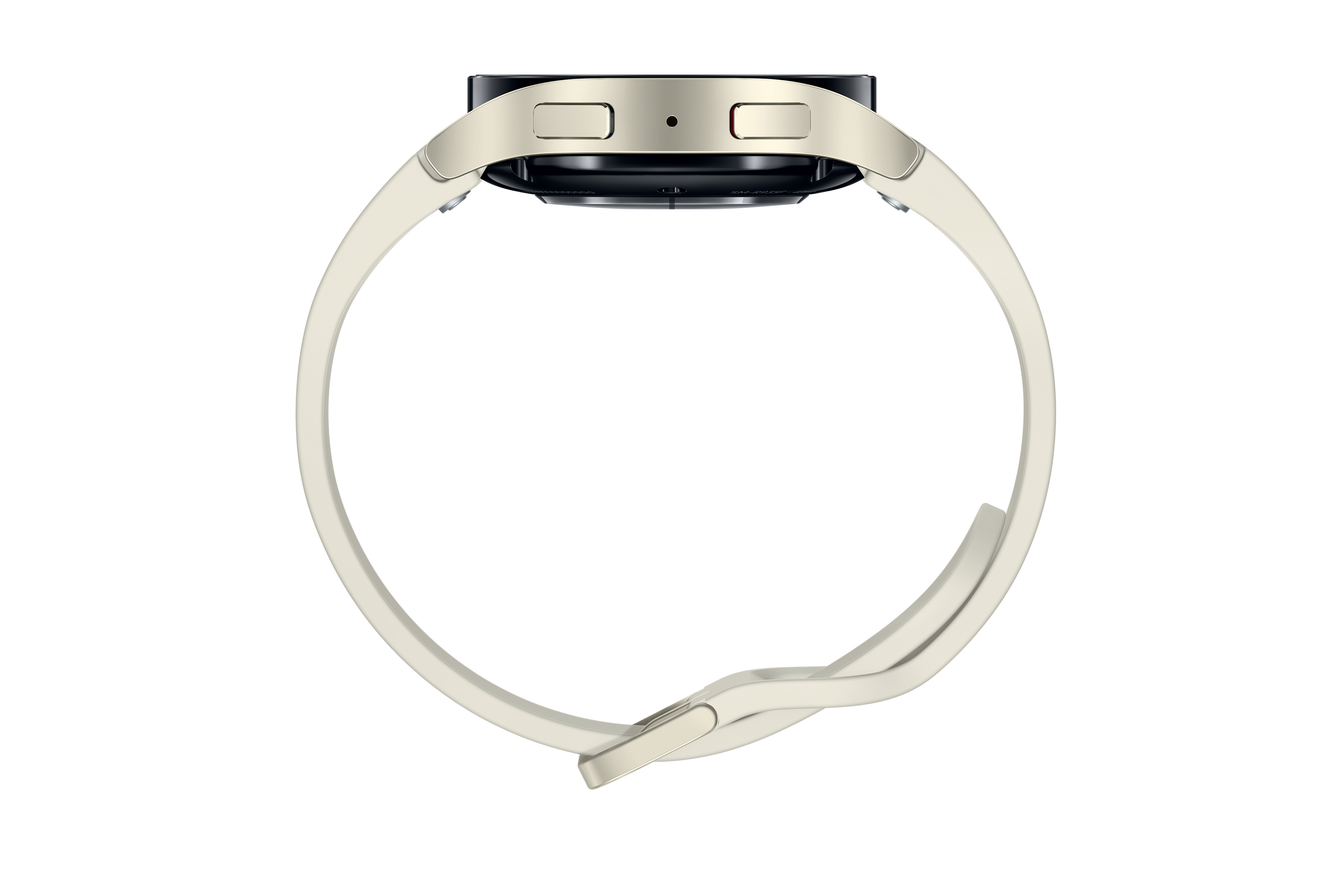 Cremefarbene Smartwatch mit weißem Armband, Seitenansicht, isoliert auf Weiß.