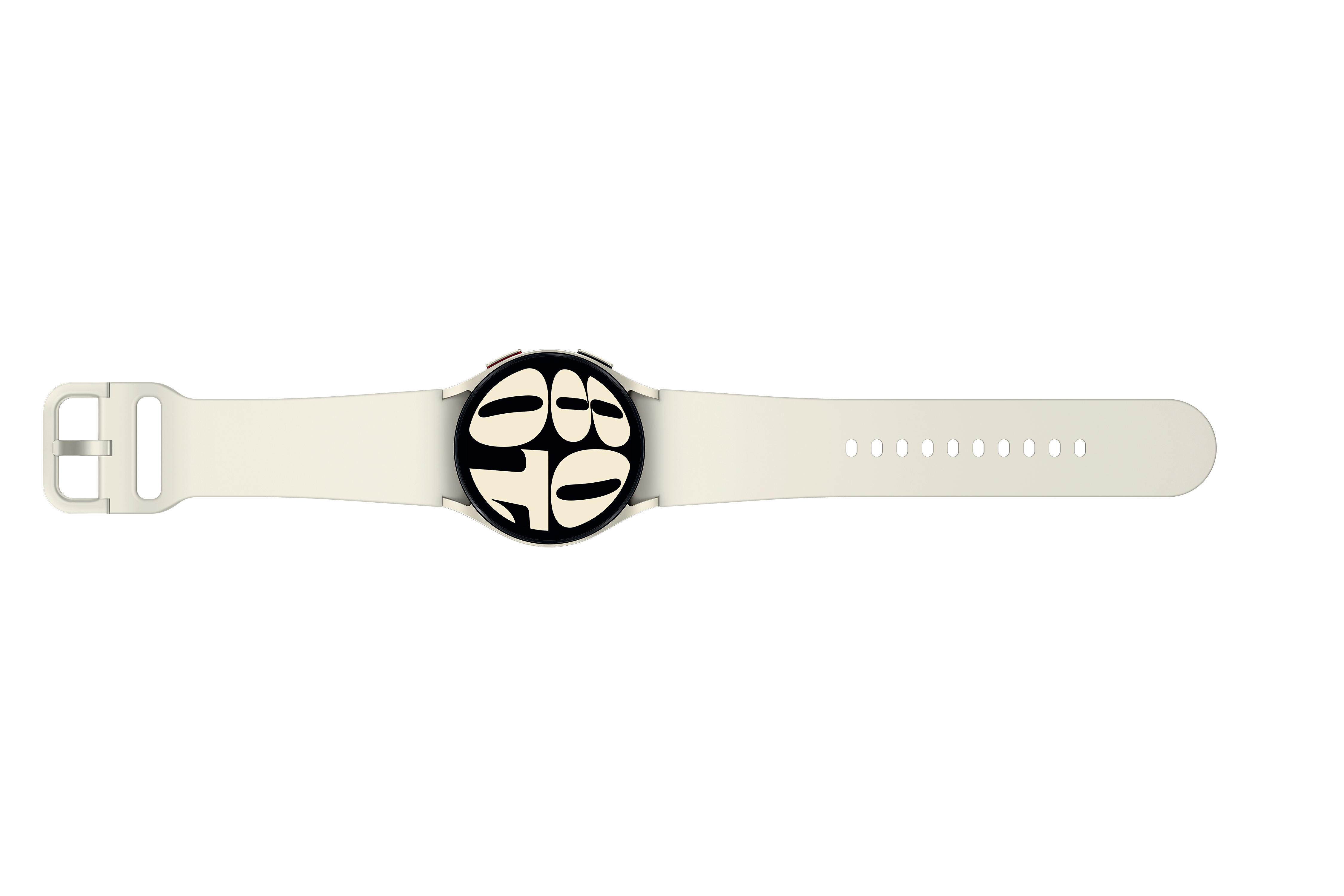 Smartwatch, cremefarbenes Armband, schwarzes Zifferblatt mit Zahlen, weißer Hintergrund.