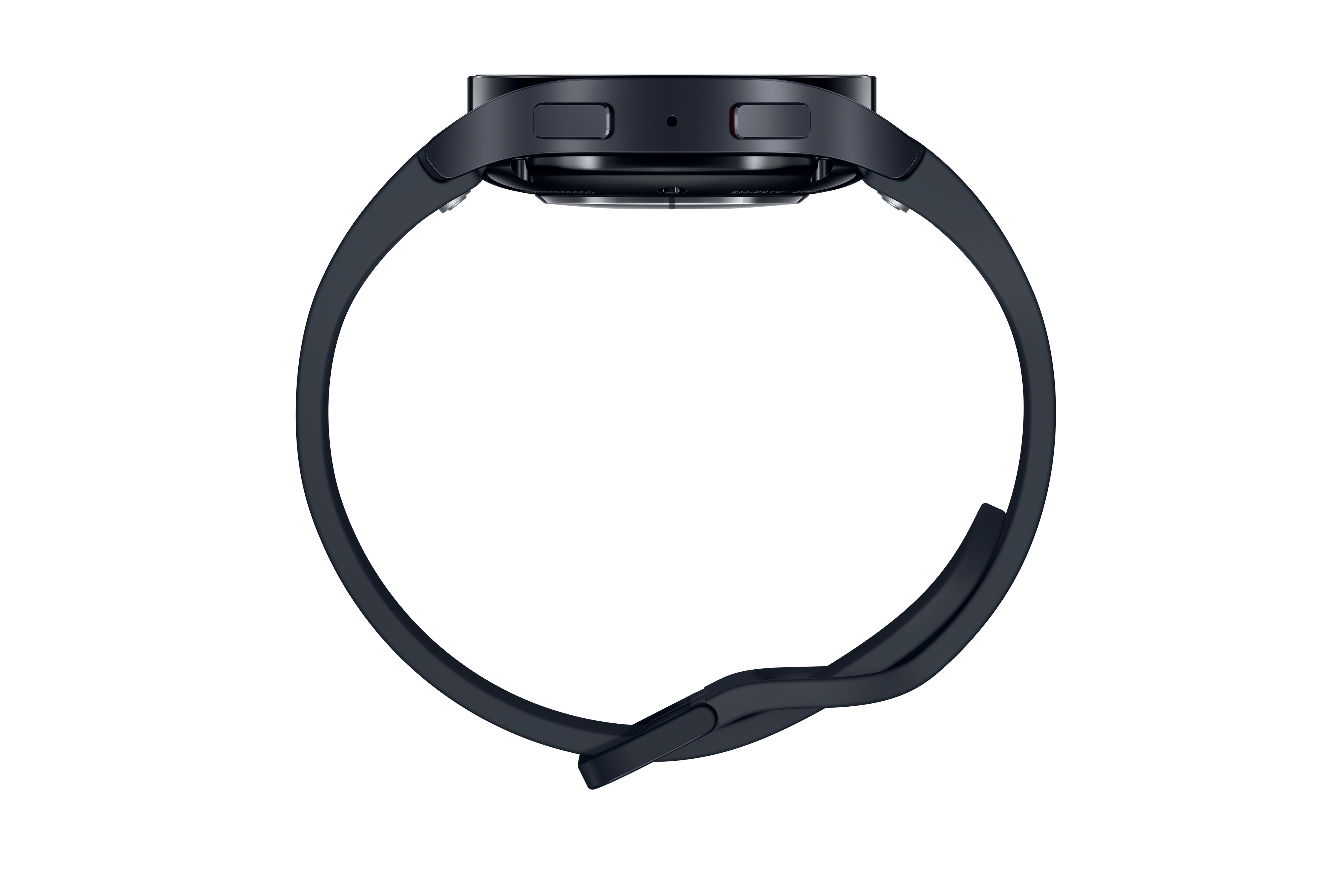Schwarze Smartwatch, die Seite mit geschlossenem Armband zeigend.