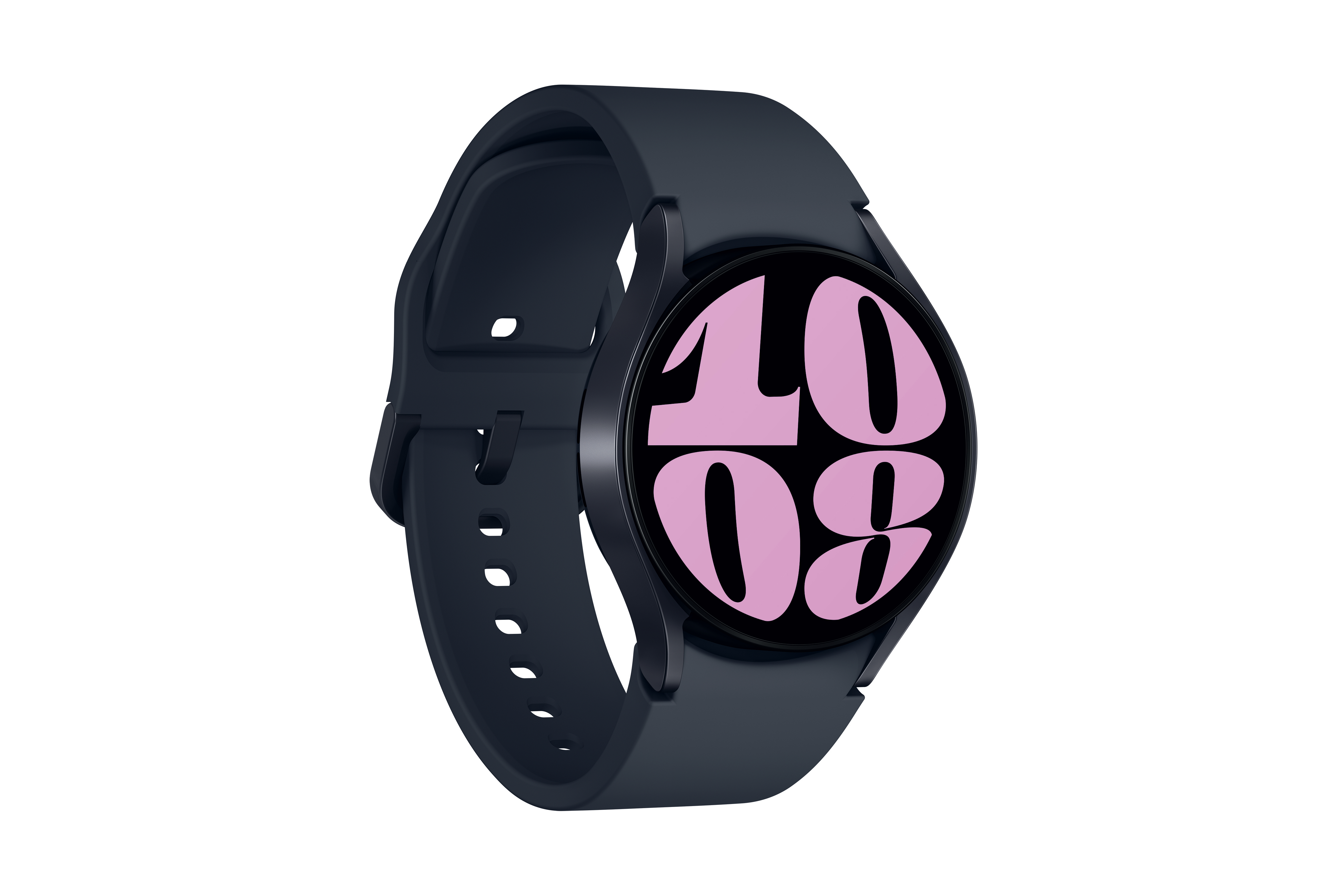 Dunkelblaue Smartwatch mit rosa Anzeige der Uhrzeit, umgeben von einem blauen Armband.