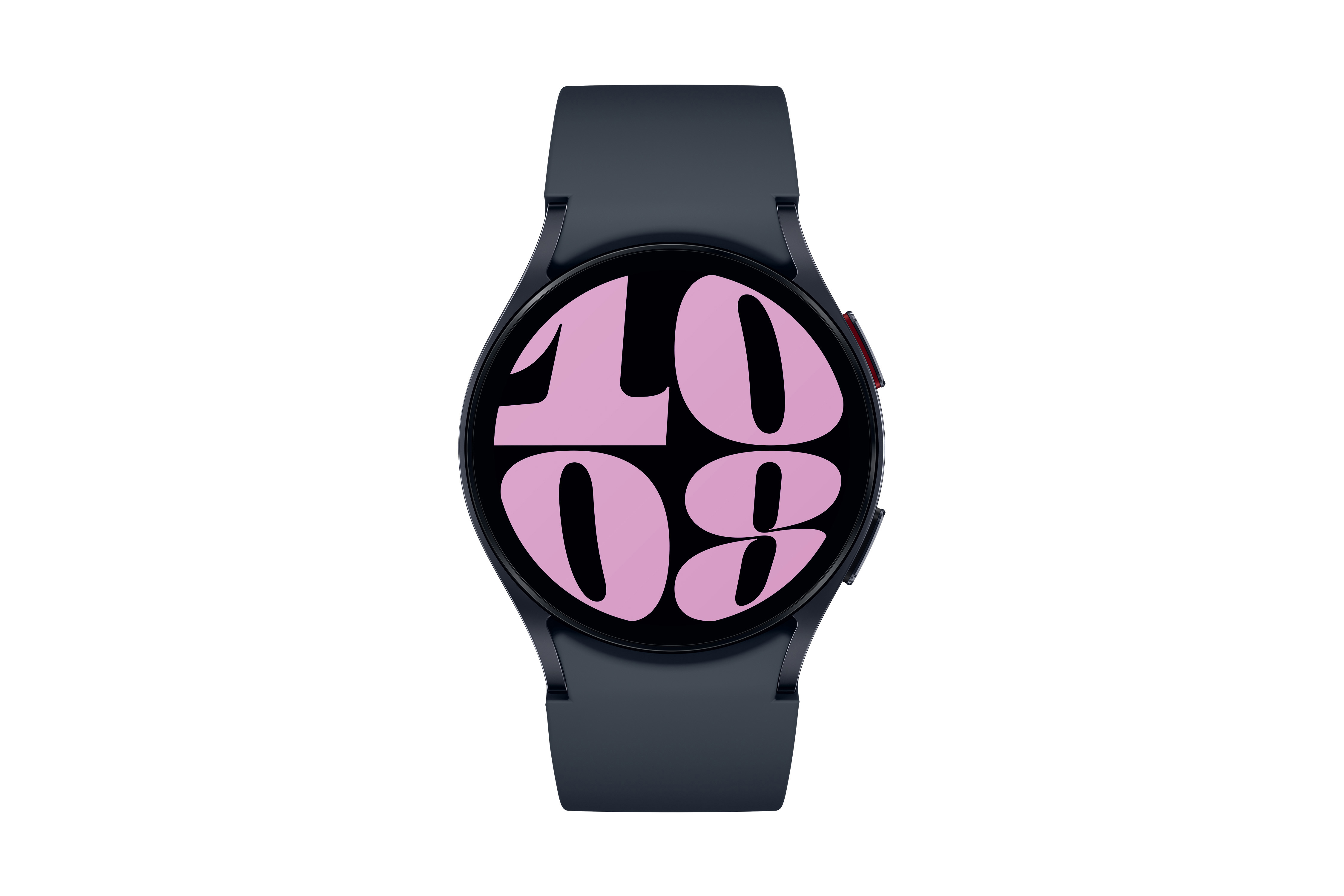 Schwarze Smartwatch mit pinkfarbenem Display. Zeit 10:08. Schwarzes Armband. Weißer Hintergrund.