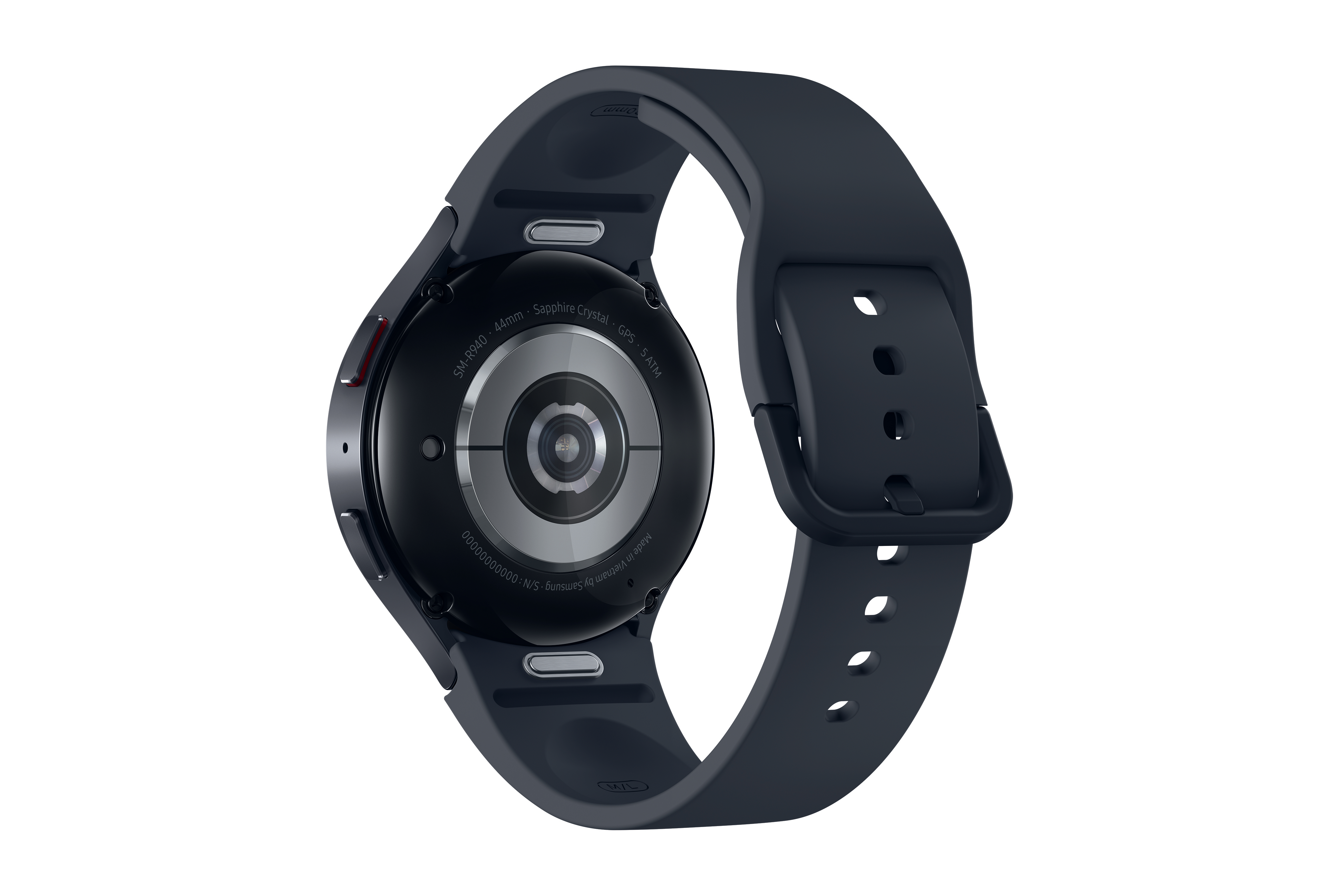 Smartwatch, Rückansicht, schwarzes Gehäuse, dunkelblaues Armband, weißer Hintergrund.
