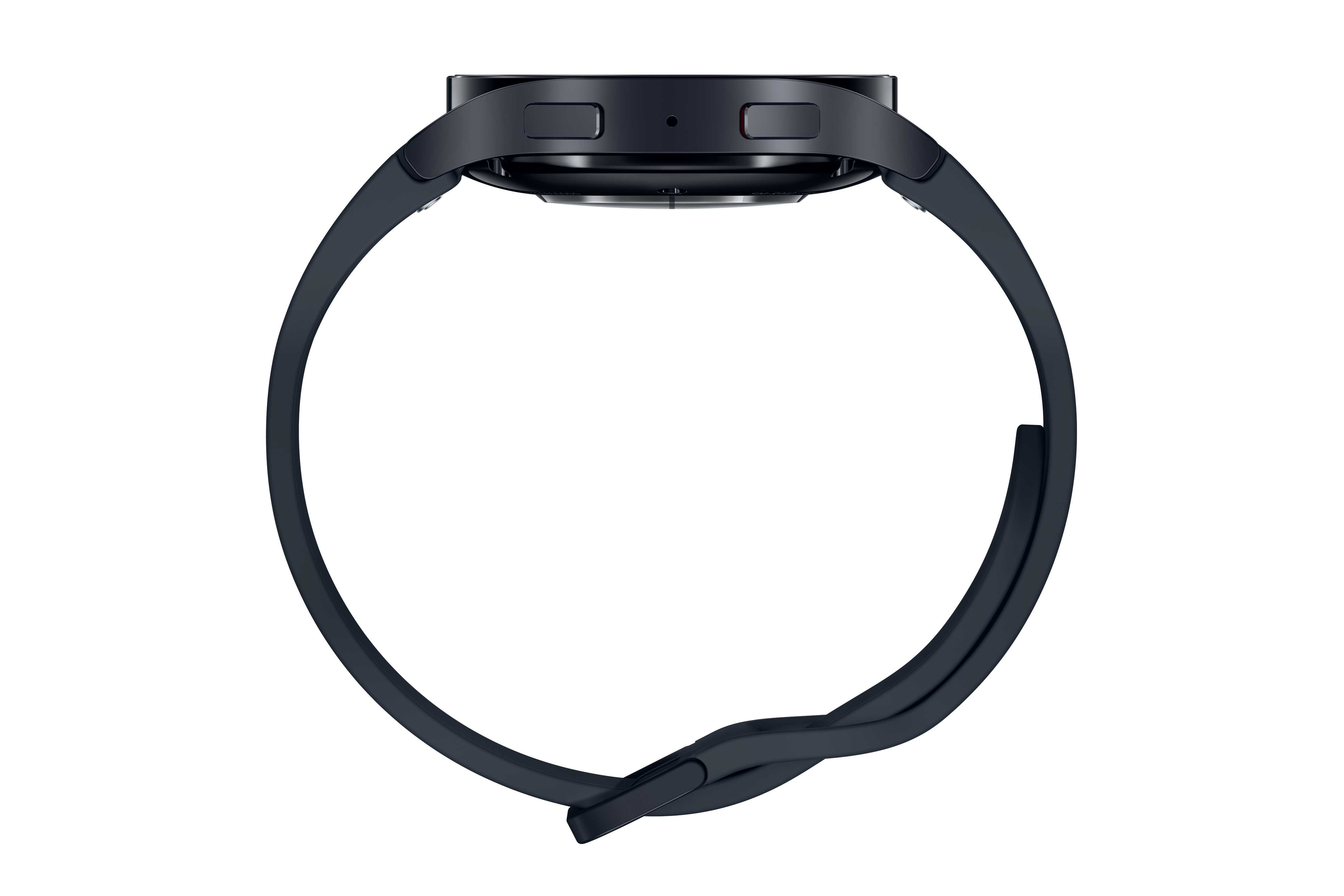 Schwarze Smartwatch mit dunkelblauem Armband, von der Seite gesehen.