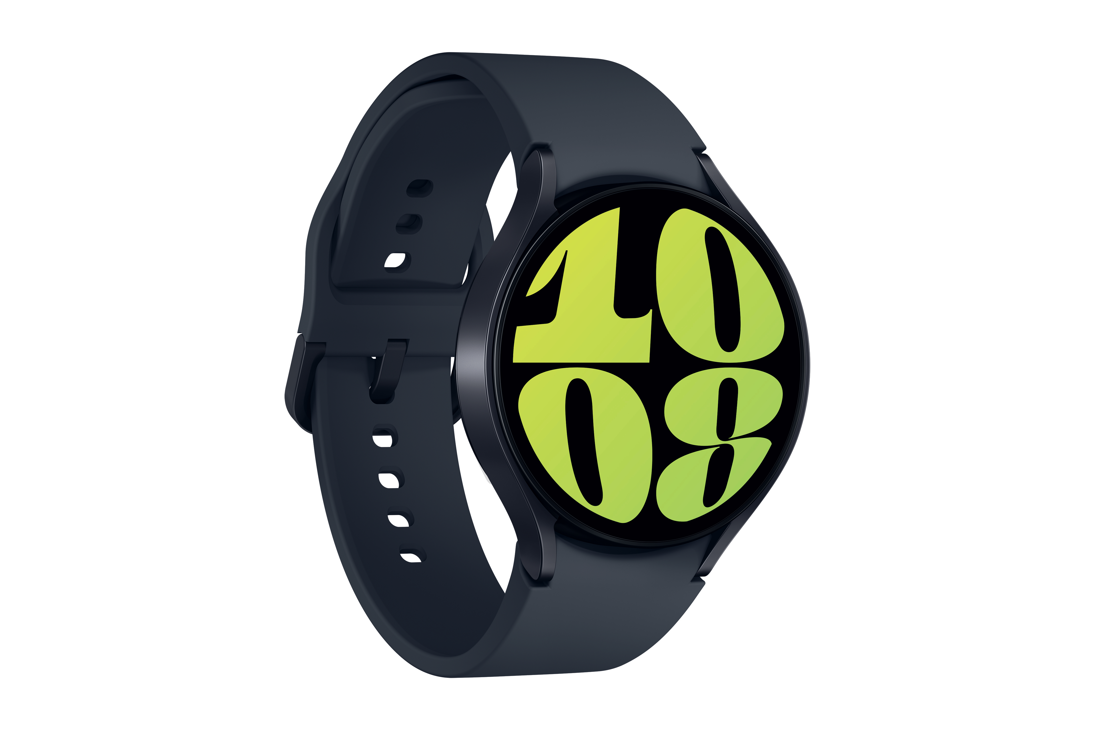 Schwarze Smartwatch mit grünem Display, das die Uhrzeit anzeigt, auf weißem Hintergrund.
