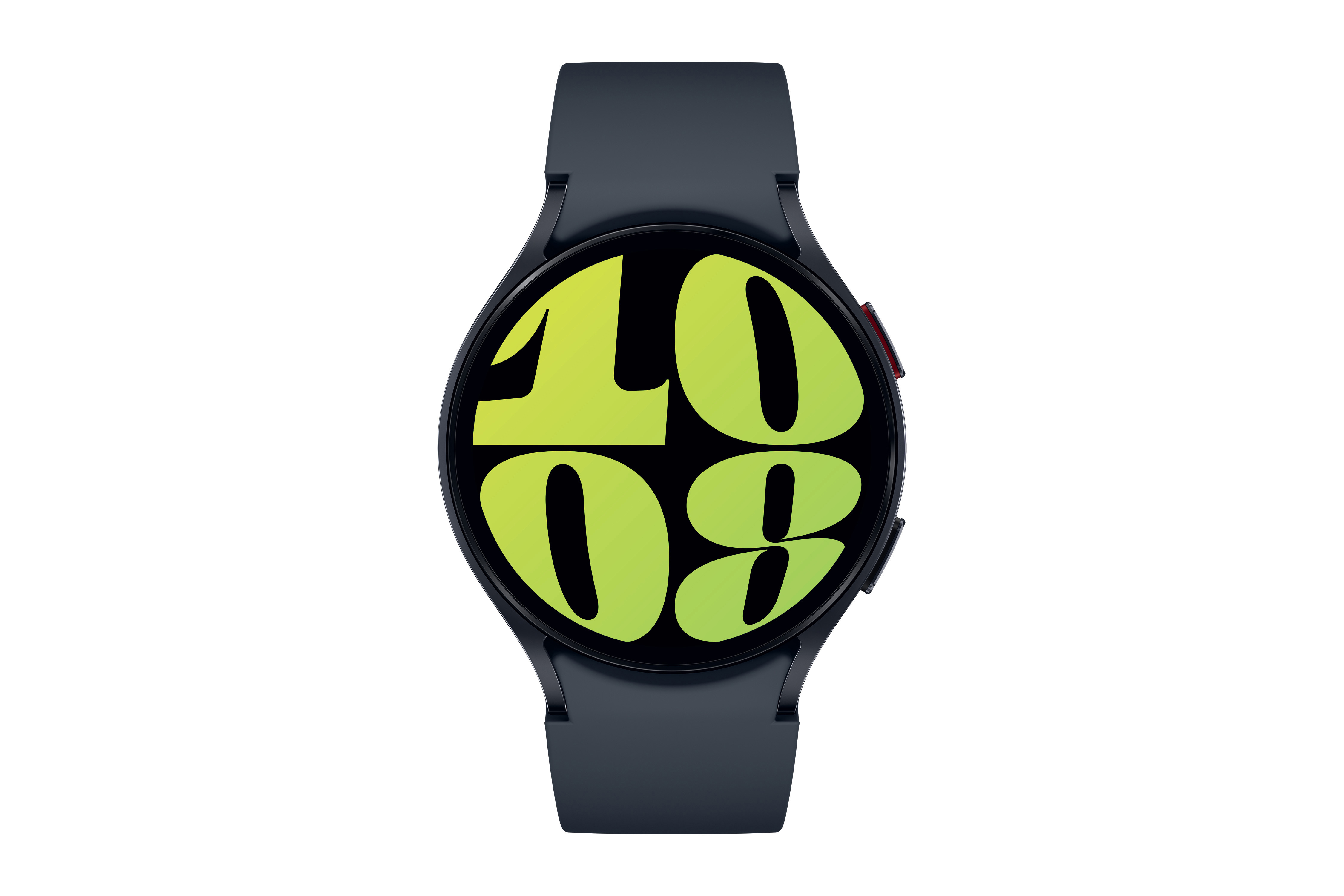 Marineblaue Smartwatch mit gelb-grünem Zifferblatt, schwarzer Lünette, isoliert auf weißem Hintergrund.