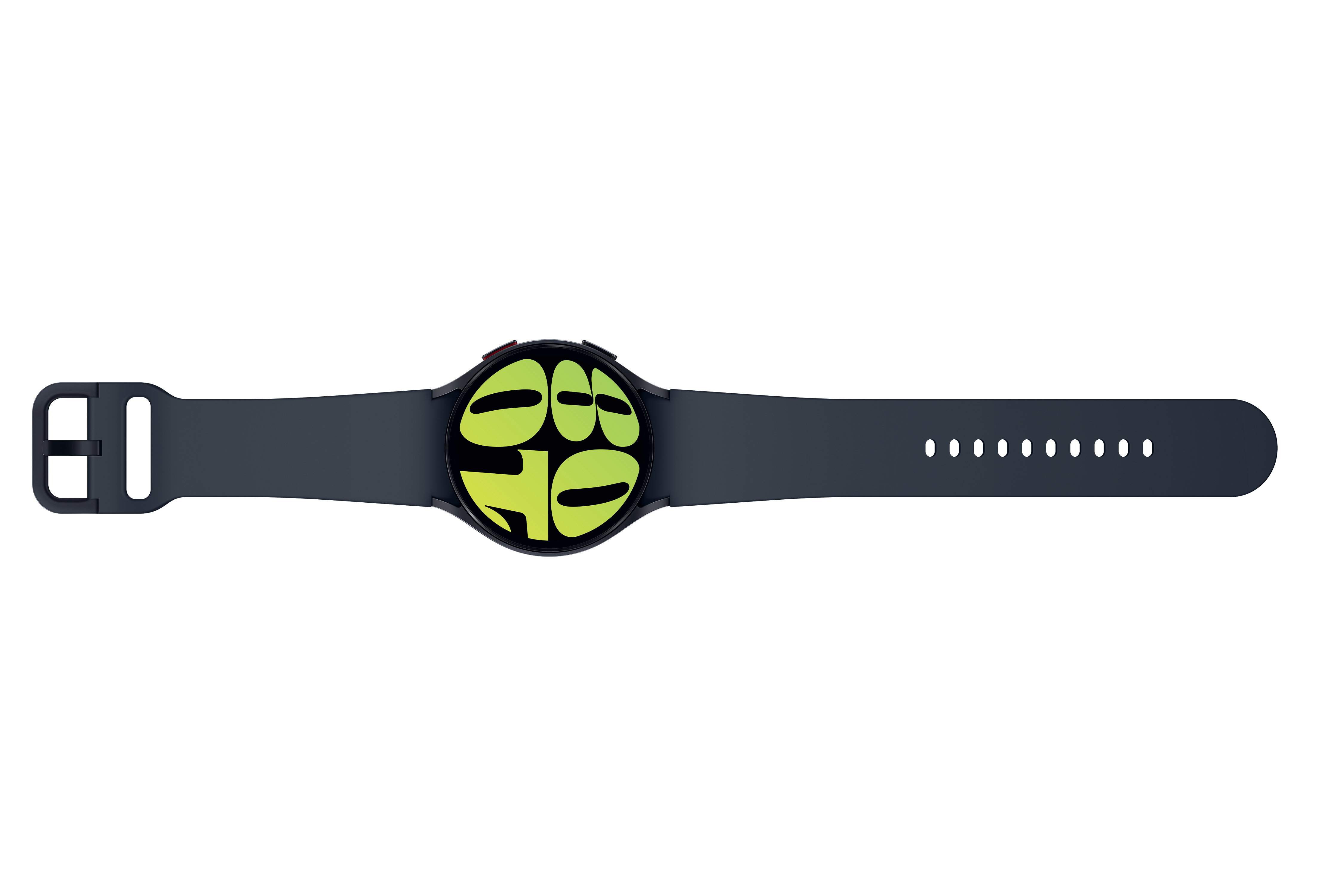 Eine schwarze Smartwatch mit schwarzem Armband, mit der Vorderseite nach oben, auf weißem Hintergrund.