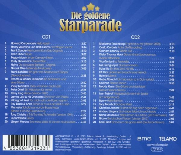 CD-Cover für Die goldene Starparade mit Titellisten und Künstlernamen. Der Text ist auf Deutsch.
