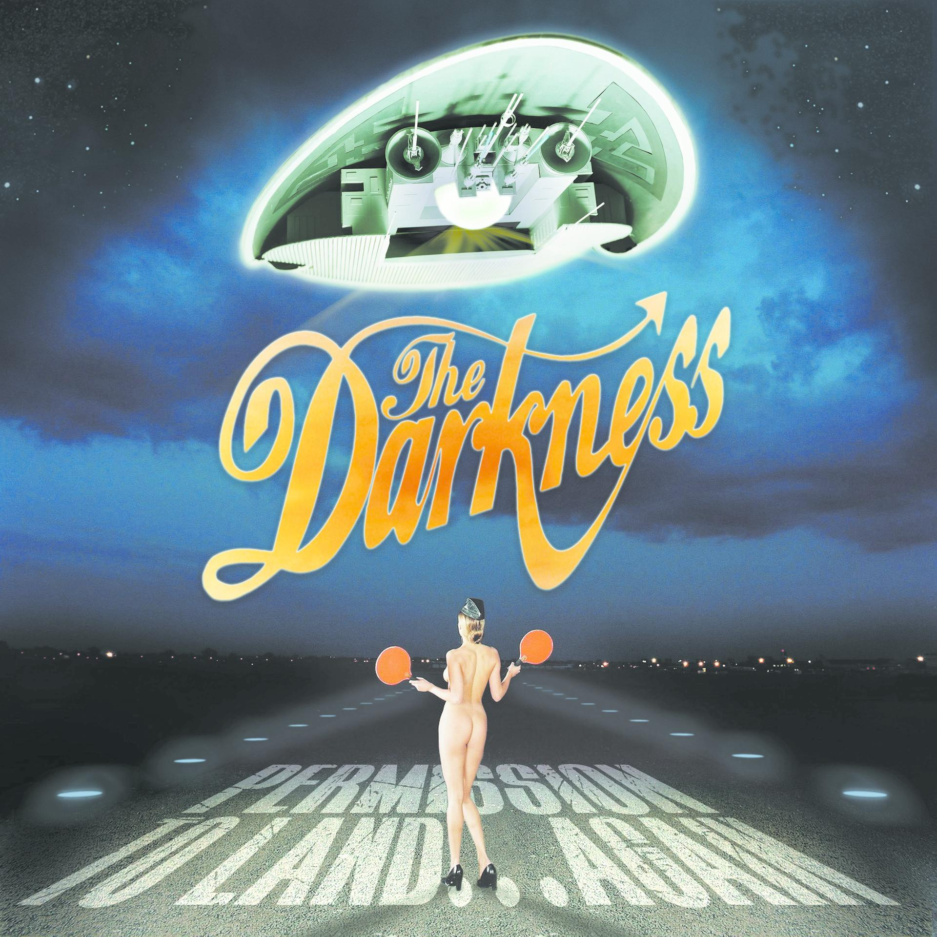 Albumcover für The Darkness. Eine Frau auf einem Laufsteg mit Flugzeug und Lichtern darüber.
