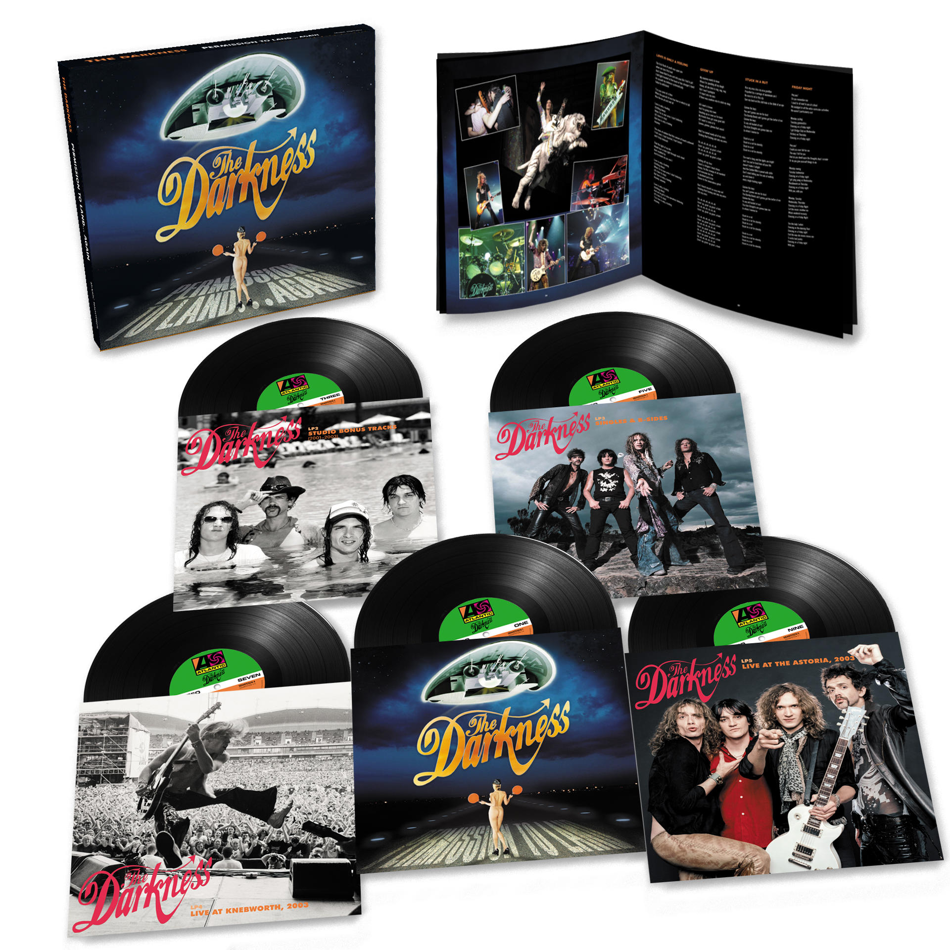 Mehrere Vinylplatten mit Albumcover und einem Booklet.
