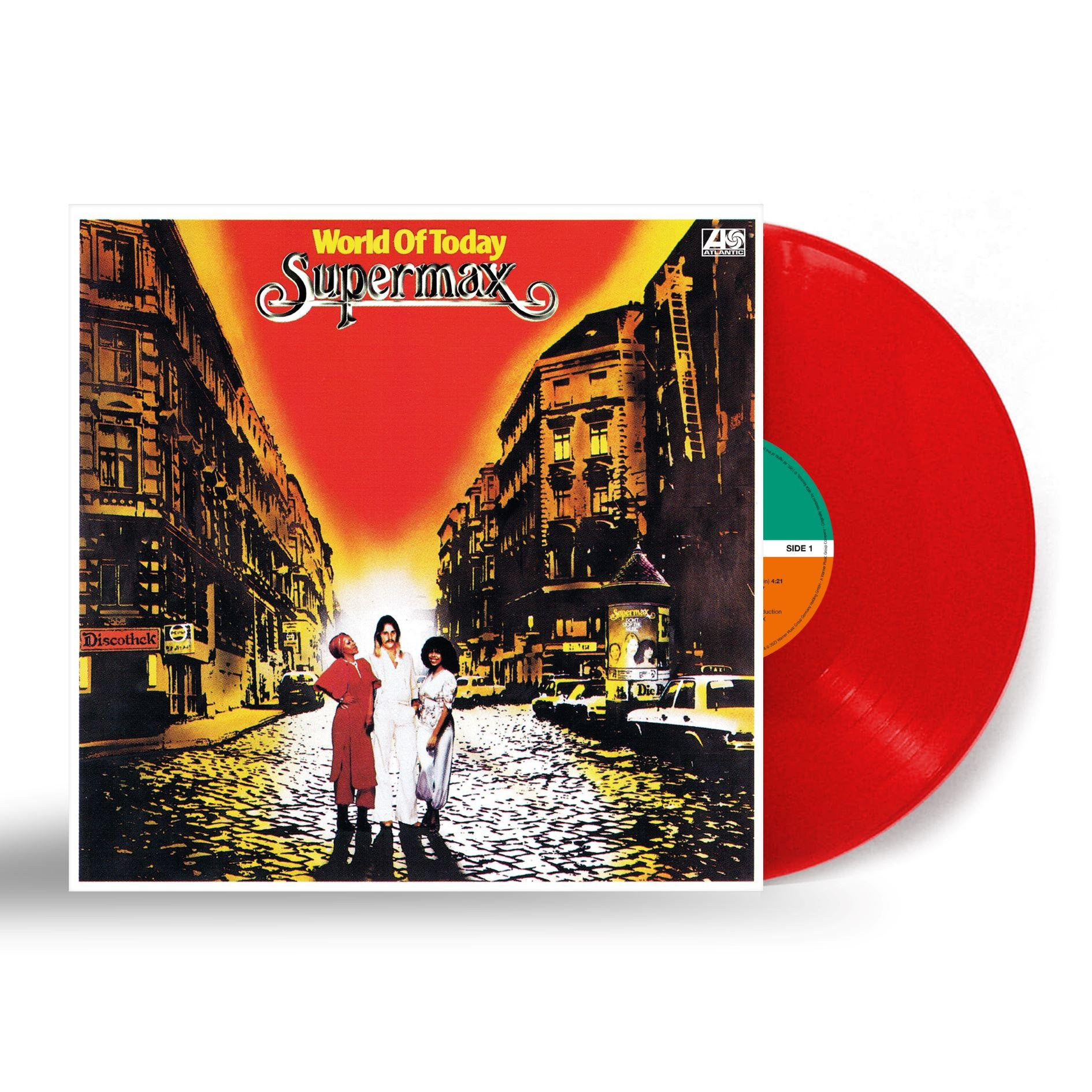 Eine rote Vinyl-Schallplatte und Albumcover mit 