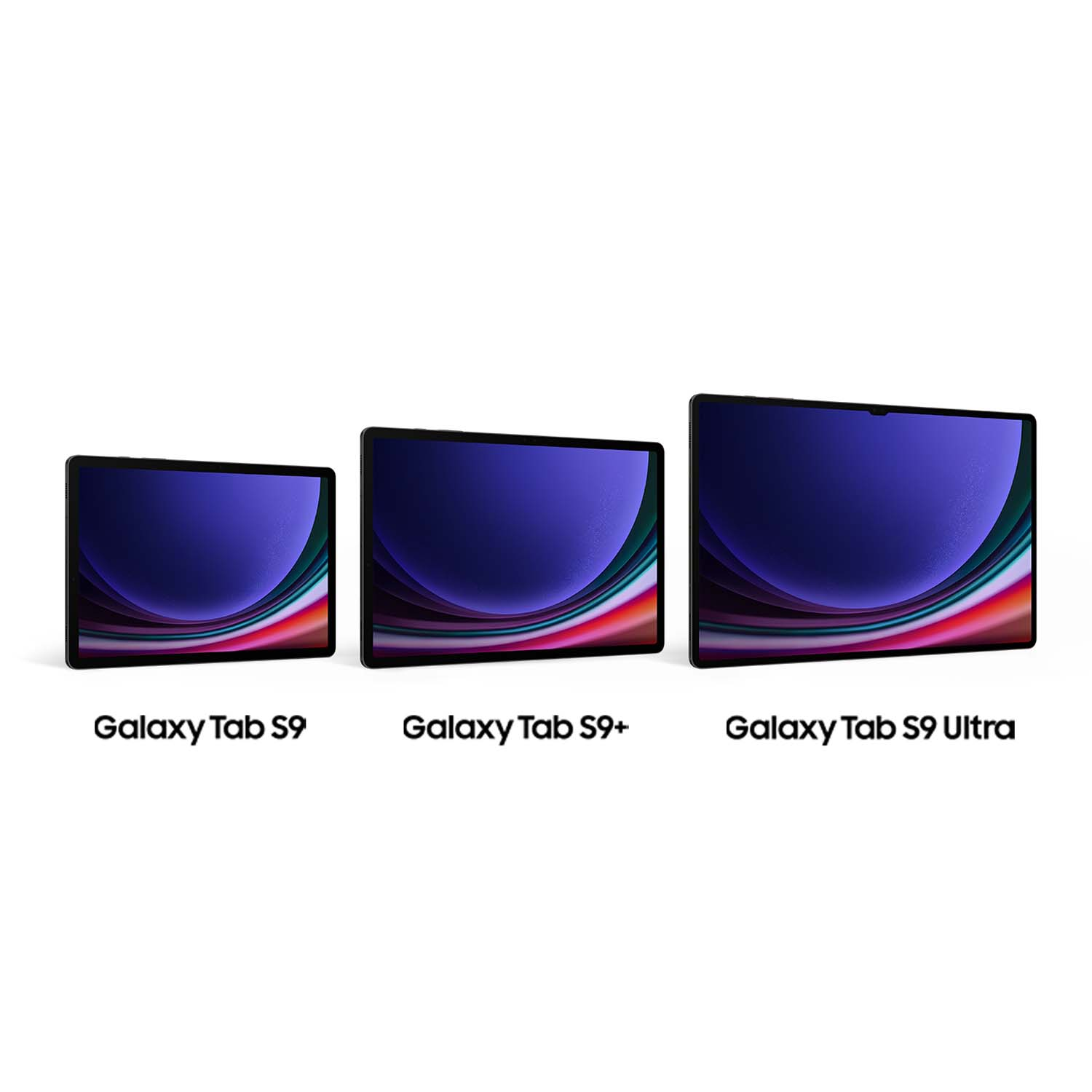 Tres tabletas Galaxy Tab S9 en fila, fondo blanco.