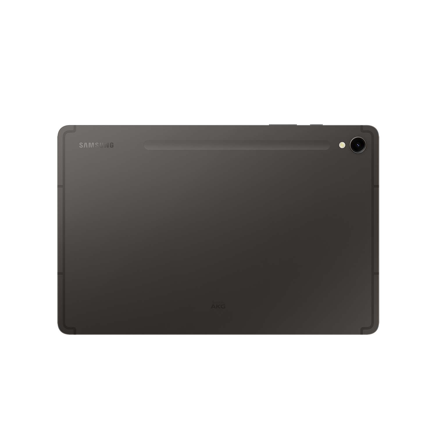 La parte trasera de una tableta Samsung gris oscuro con una lente de cámara y el logotipo de AKG se muestra.