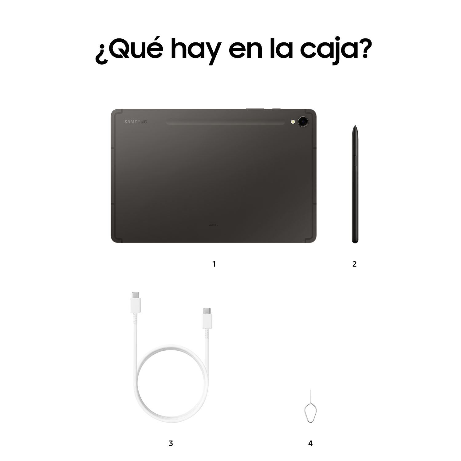 Contenido de la caja: tableta, lápiz óptico, cable USB-C y herramienta de extracción SIM en blanco.
