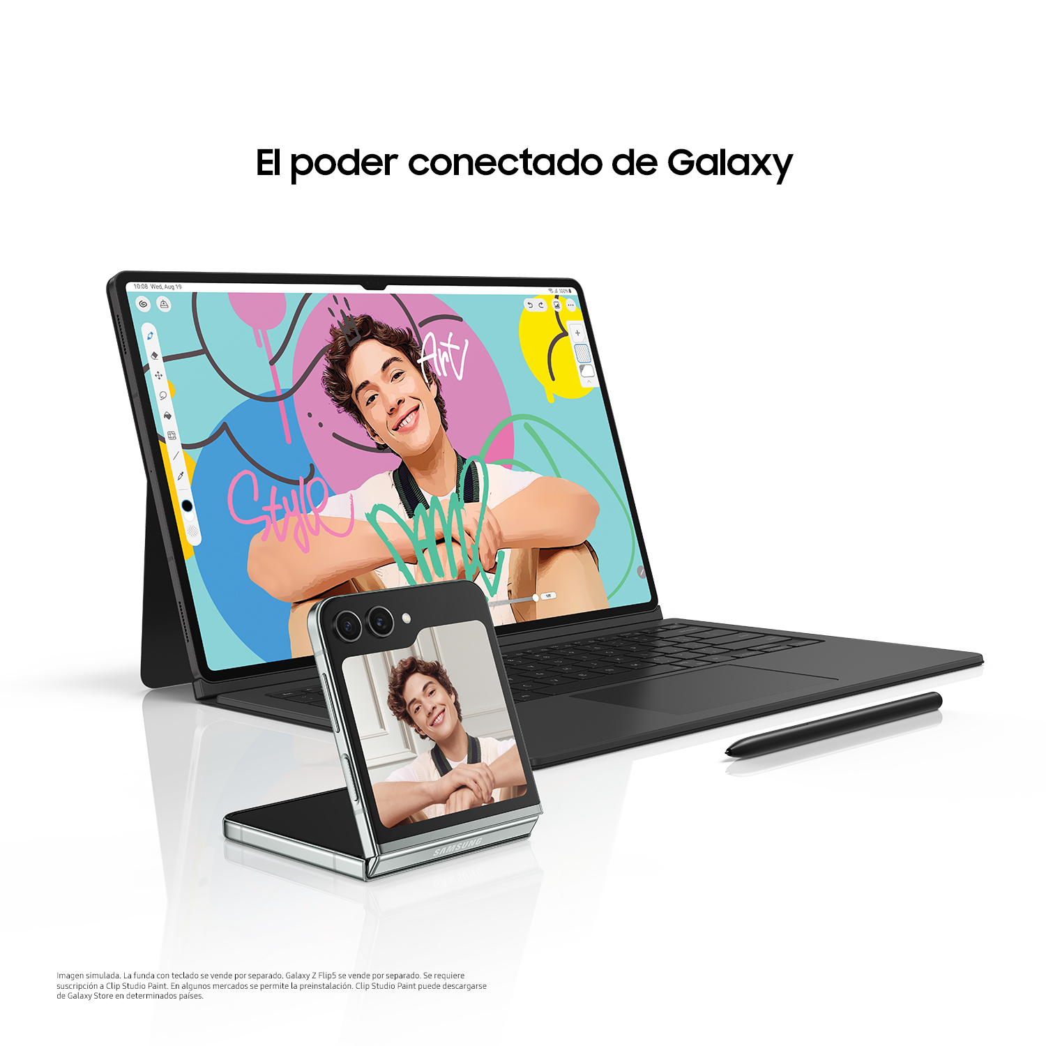 Un portátil, un teléfono y un bolígrafo están en una superficie blanca. La pantalla del portátil tiene un dibujo.