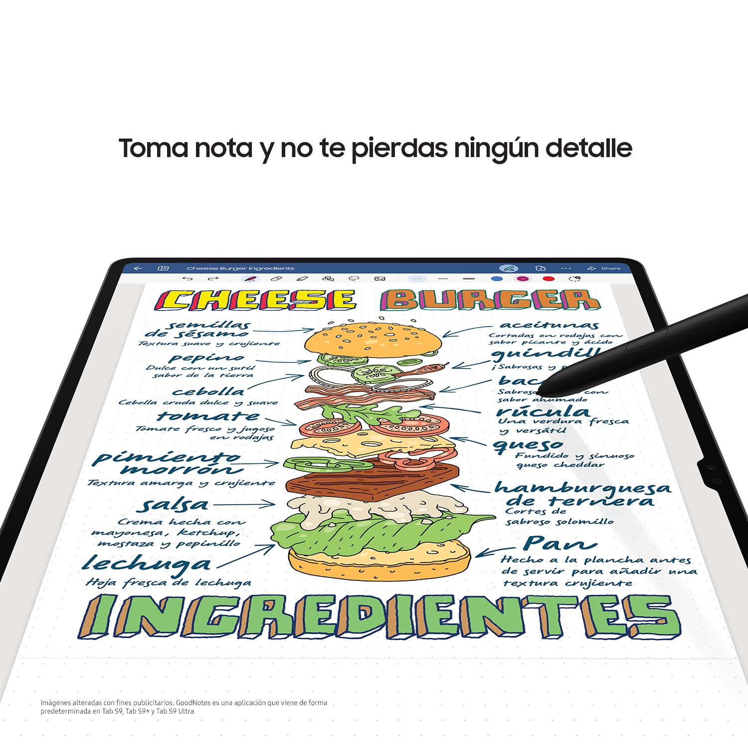 Una ilustración detallada de una hamburguesa con queso con los ingredientes etiquetados.