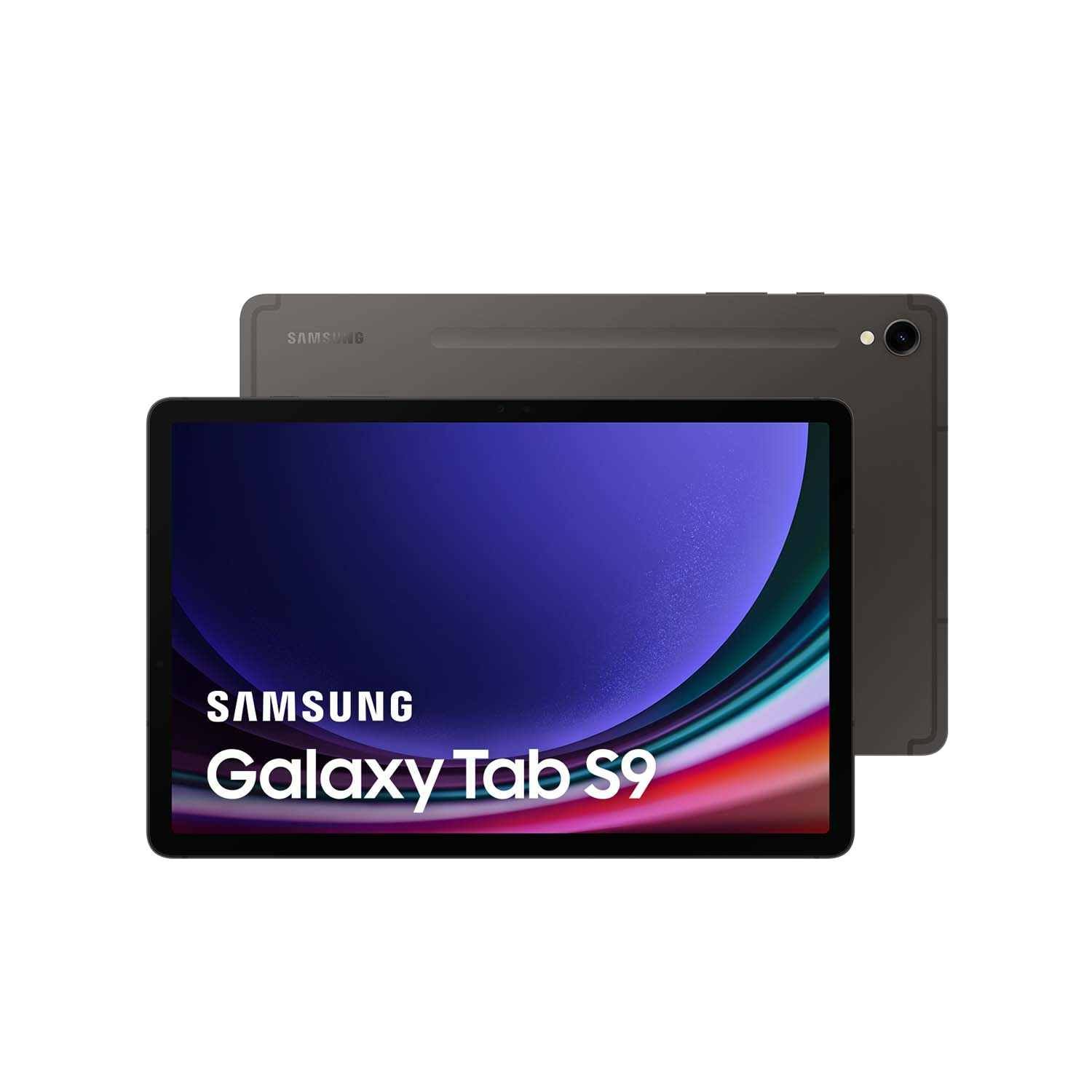 Una tableta Samsung Galaxy Tab S9 con una pantalla grande. La parte trasera tiene una cámara y es gris.