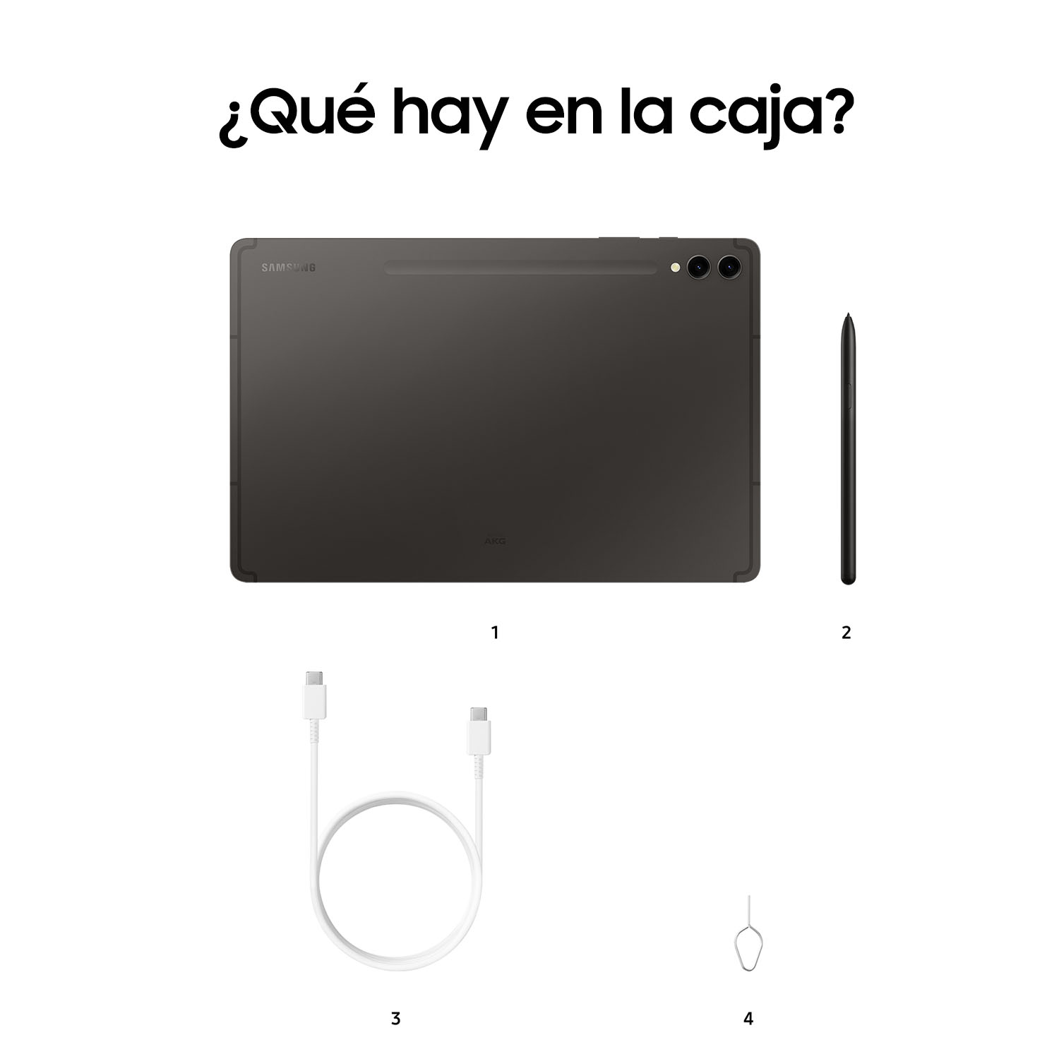 Diagrama que muestra una tableta, S Pen, cable USB-C y una herramienta de expulsión de SIM, con el texto: ¿Qué hay en la caja?