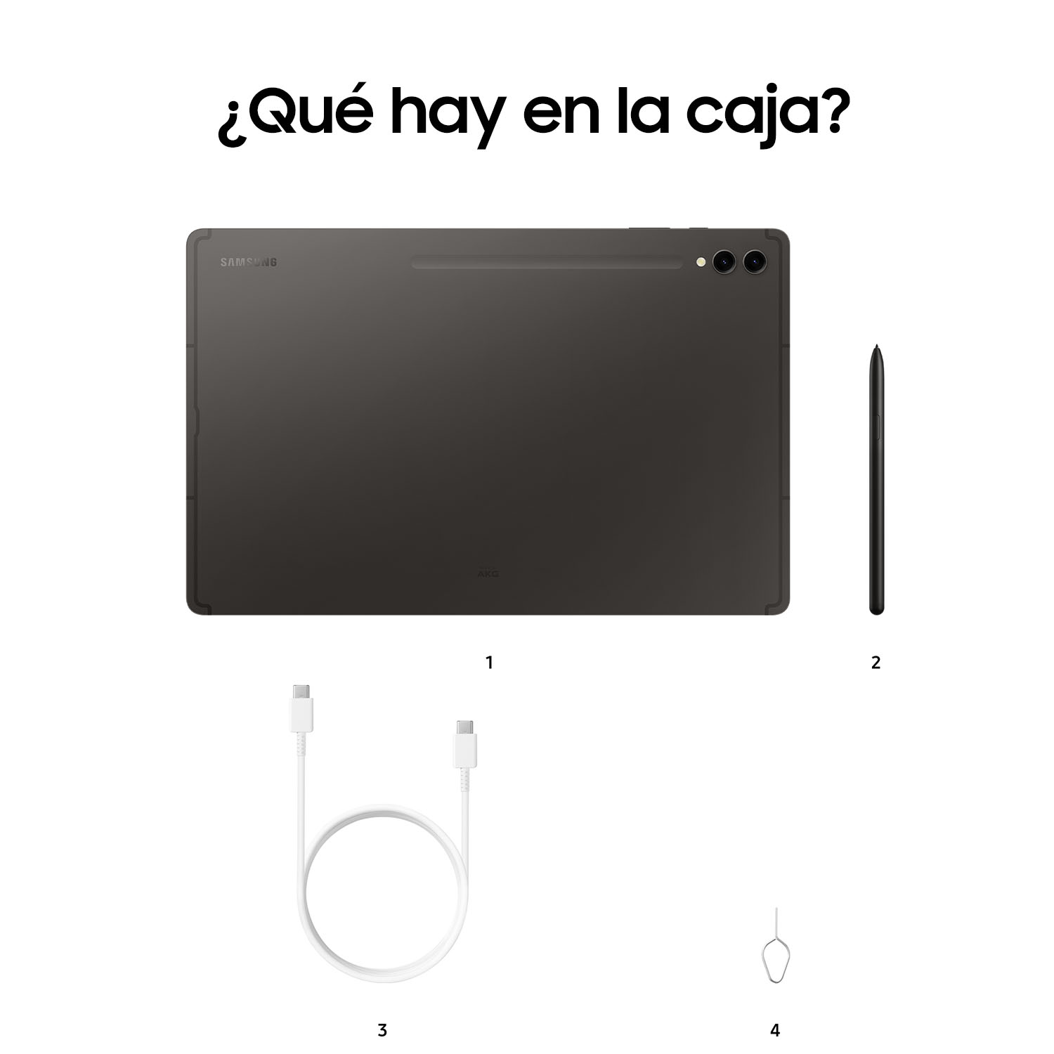 Tableta y accesorios. Tableta arriba, lápiz, cable y extractor SIM abajo.