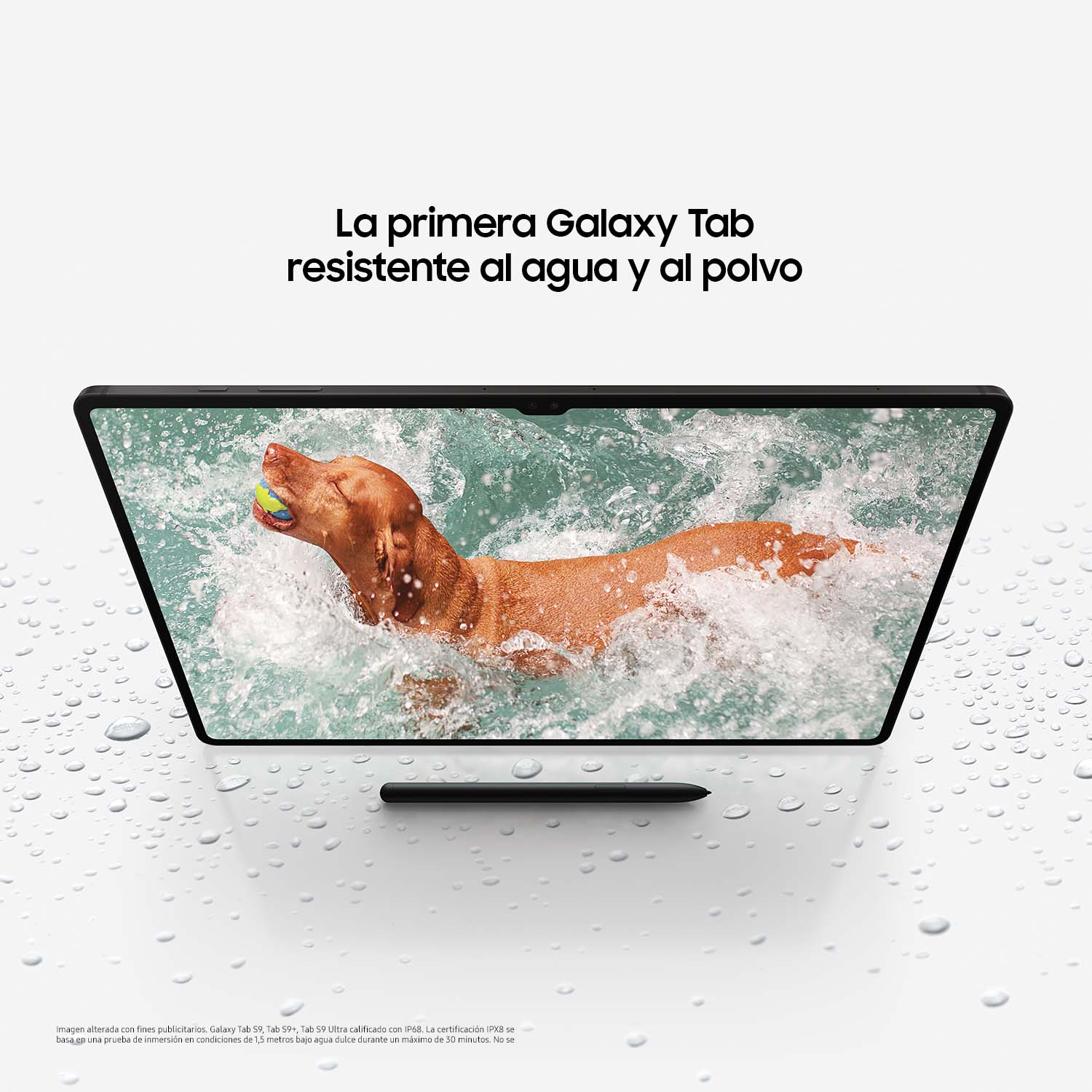 Tableta mostrando un perro en el agua, con gotas de agua.