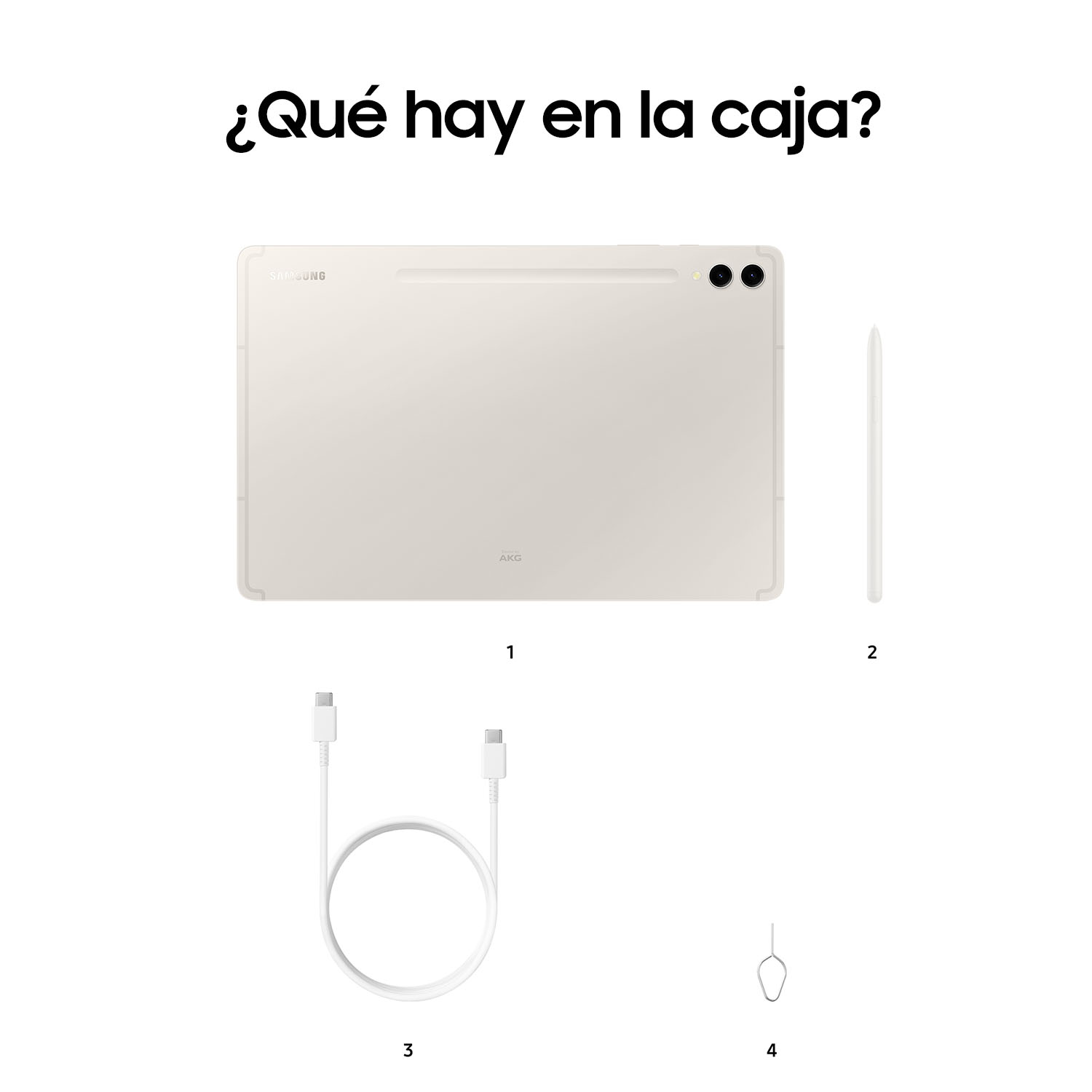 Una tableta, un lápiz óptico, un cable y un eyector SIM están sobre una superficie blanca. La tableta es beige.