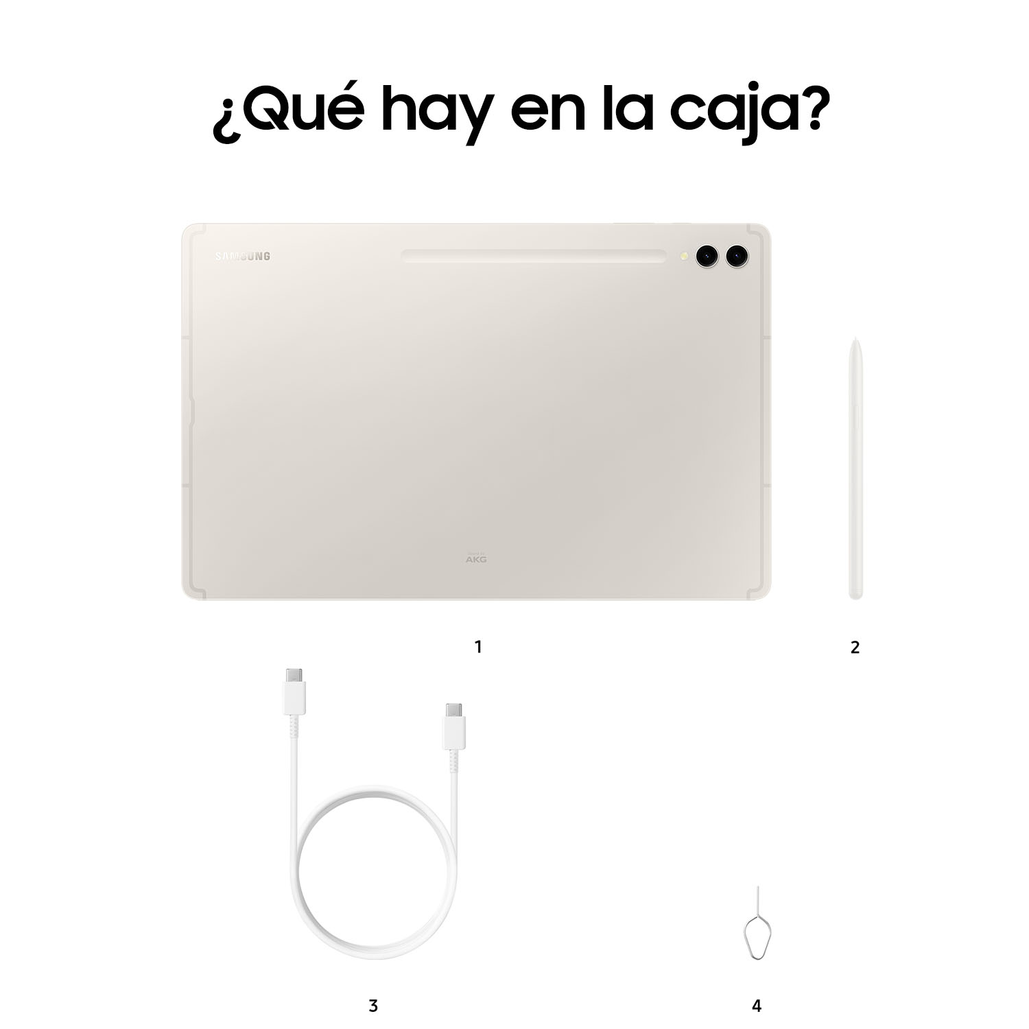Una tableta con accesorios, incluyendo un bolígrafo, cable y herramienta SIM.