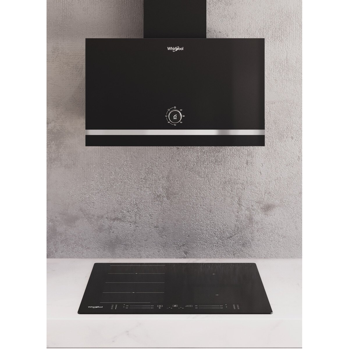 Czarny okap kuchenny i płyta grzewcza na białym blacie, szare tło ściany. Marka Whirlpool.