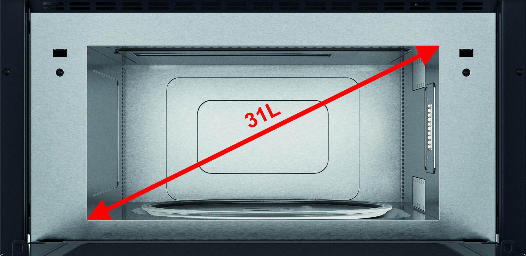 Wewnątrz kuchenki mikrofalowej czerwona strzałka wskazuje 31L.