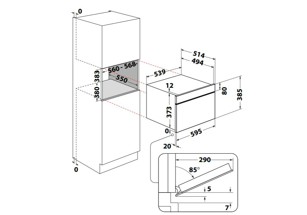 Rysunek techniczny piekarnika i szafki z wymiarami.