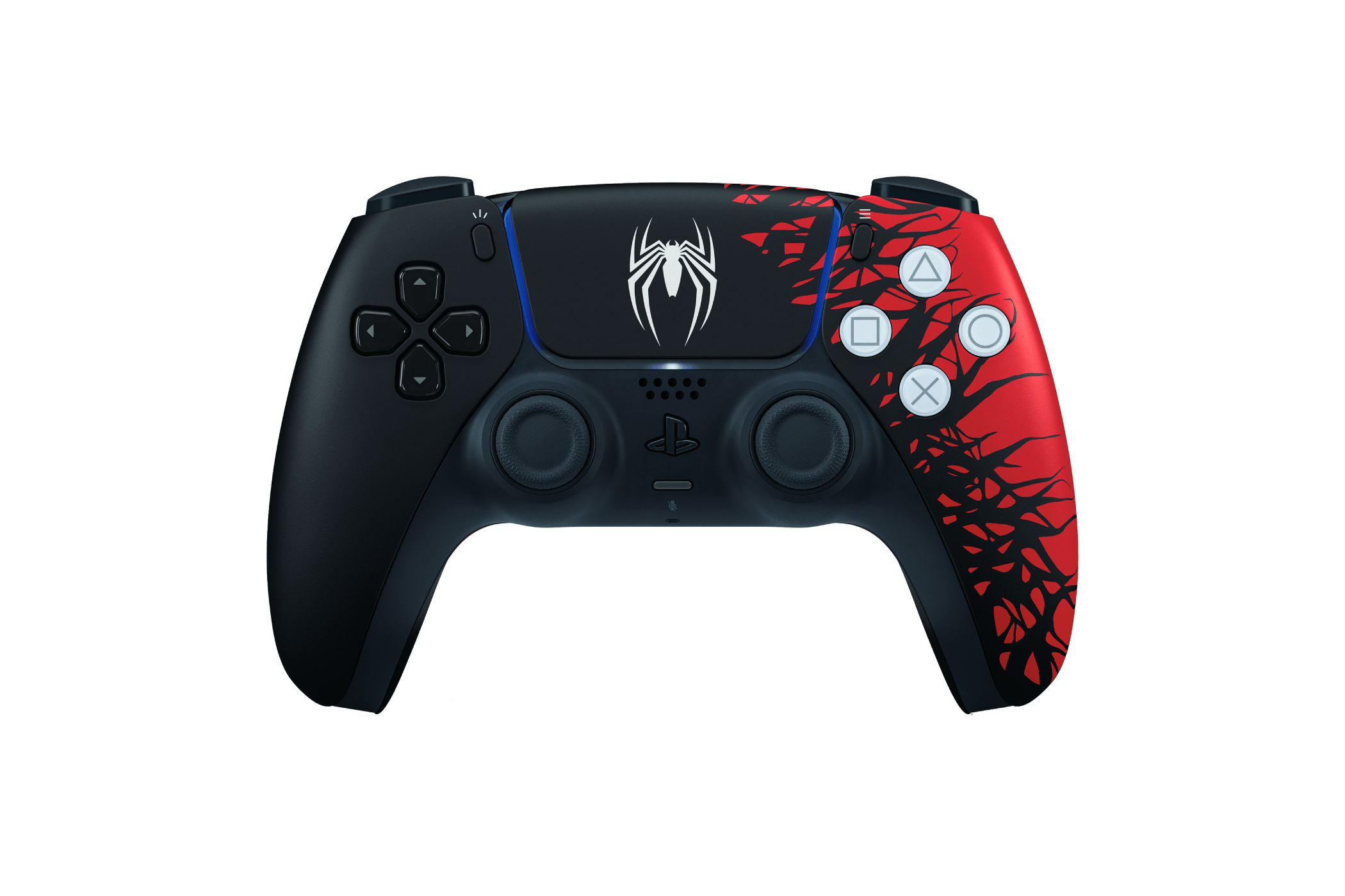 Un mando negro de PS5 con un logotipo de araña y acentos de diseño de telaraña roja.
