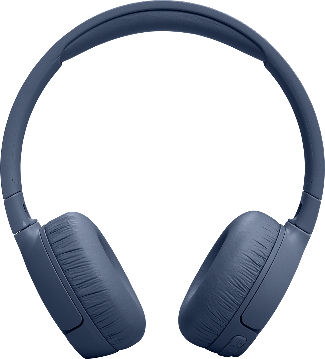 Casque bleu avec un serre-tête reliant les écouteurs, sur fond blanc.