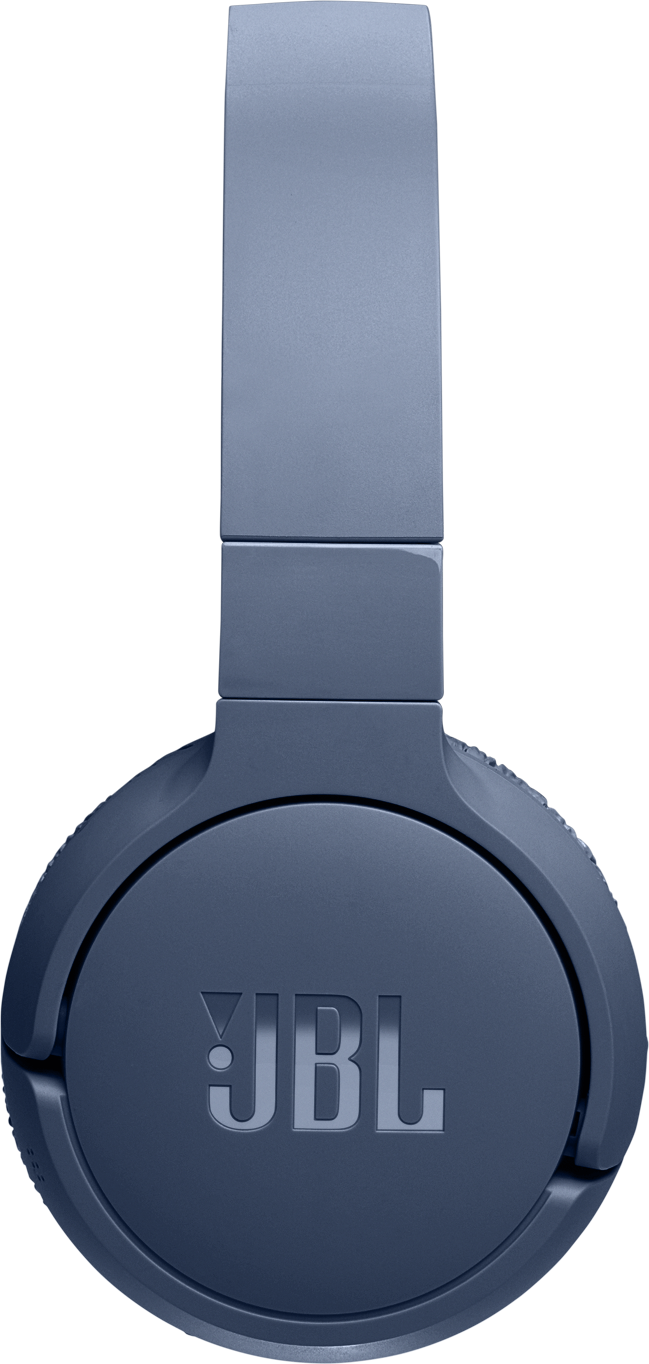 Casque JBL bleu, vue de face. Le nom de la marque 'JBL' est visible sur l'écouteur.