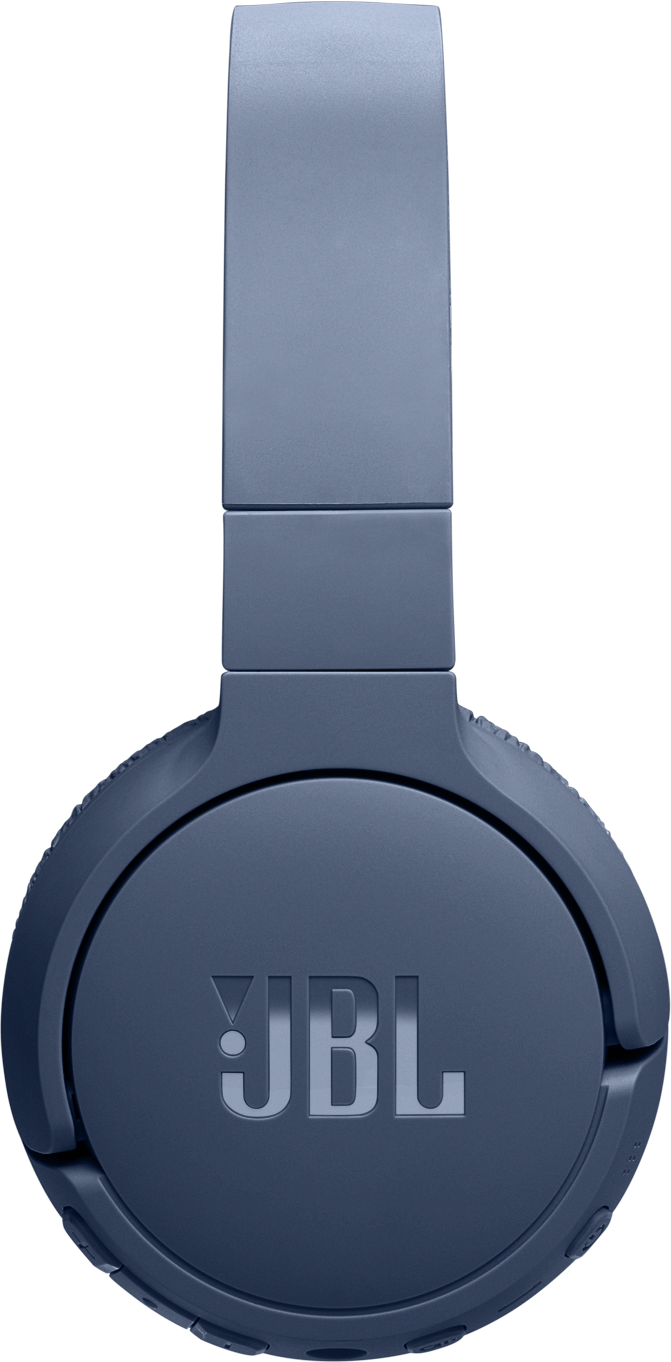 Gros plan sur un casque JBL bleu. Le logo JBL est affiché sur les écouteurs.
