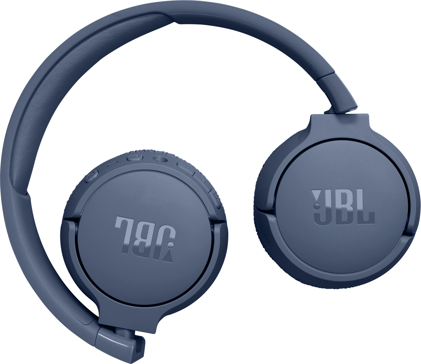 Casque JBL bleu, plié, sur fond blanc.