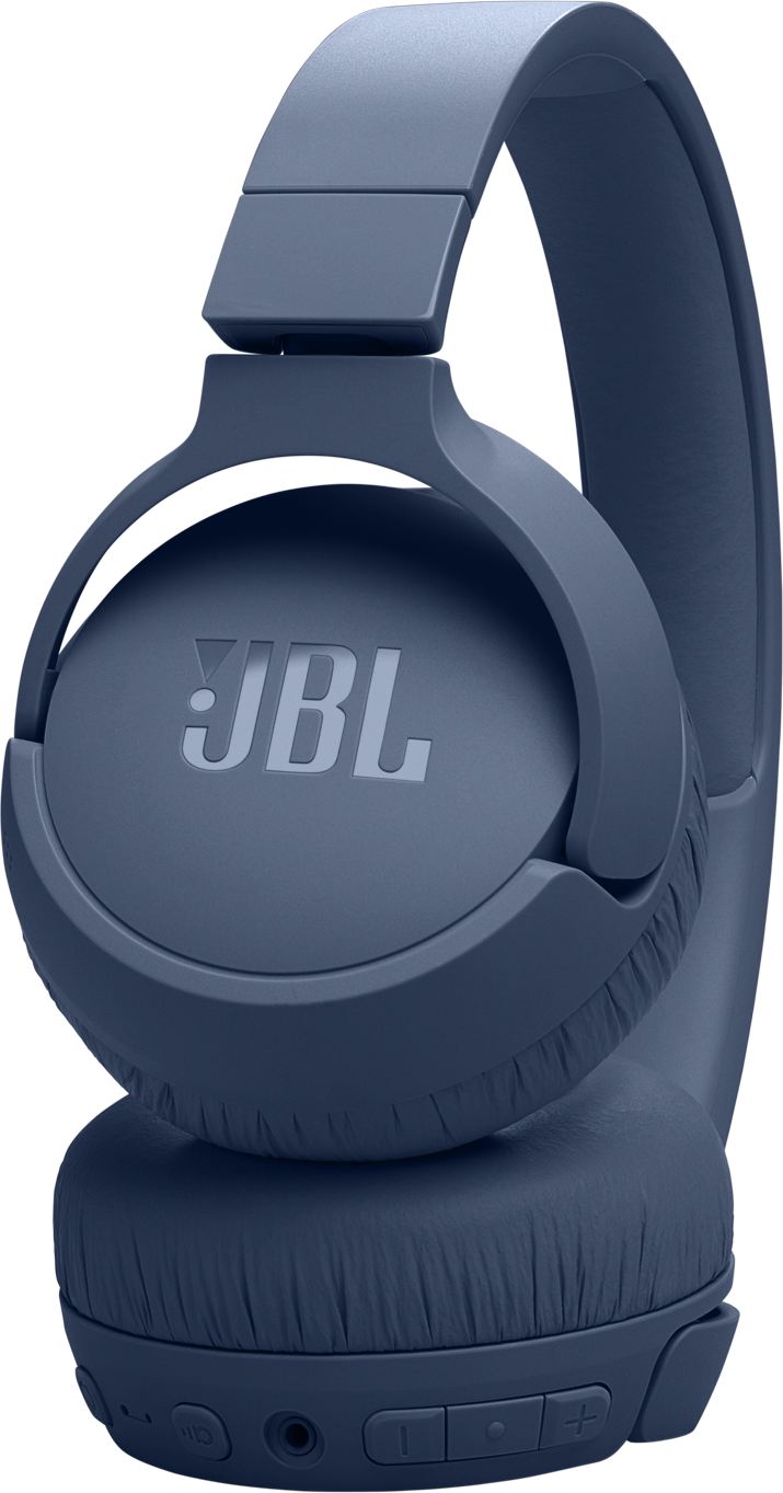 Casque JBL bleu. Le logo est visible sur l'écouteur.