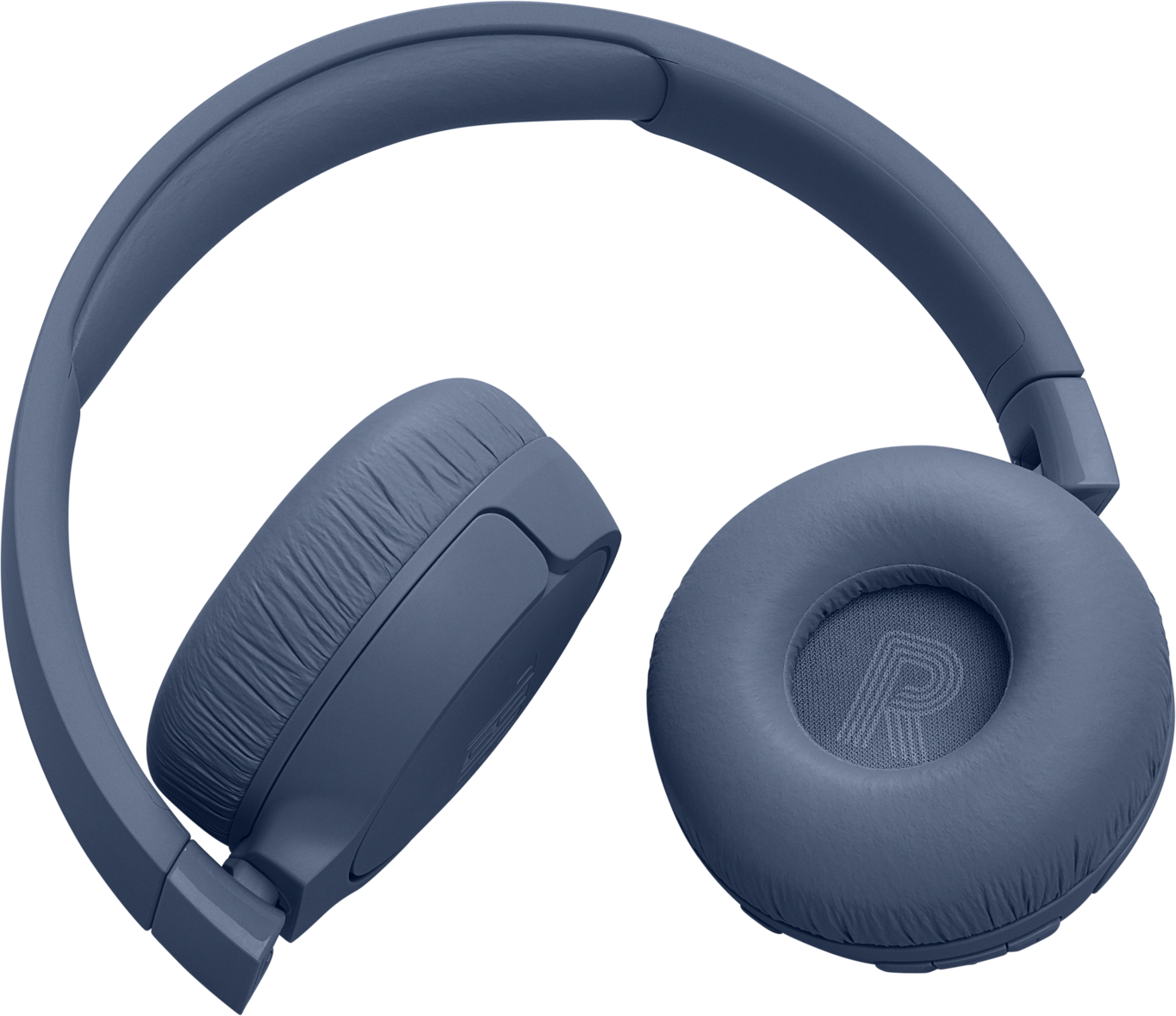 Casque bleu, plié. Un écouteur est visible, l'autre est proche. Fond blanc.