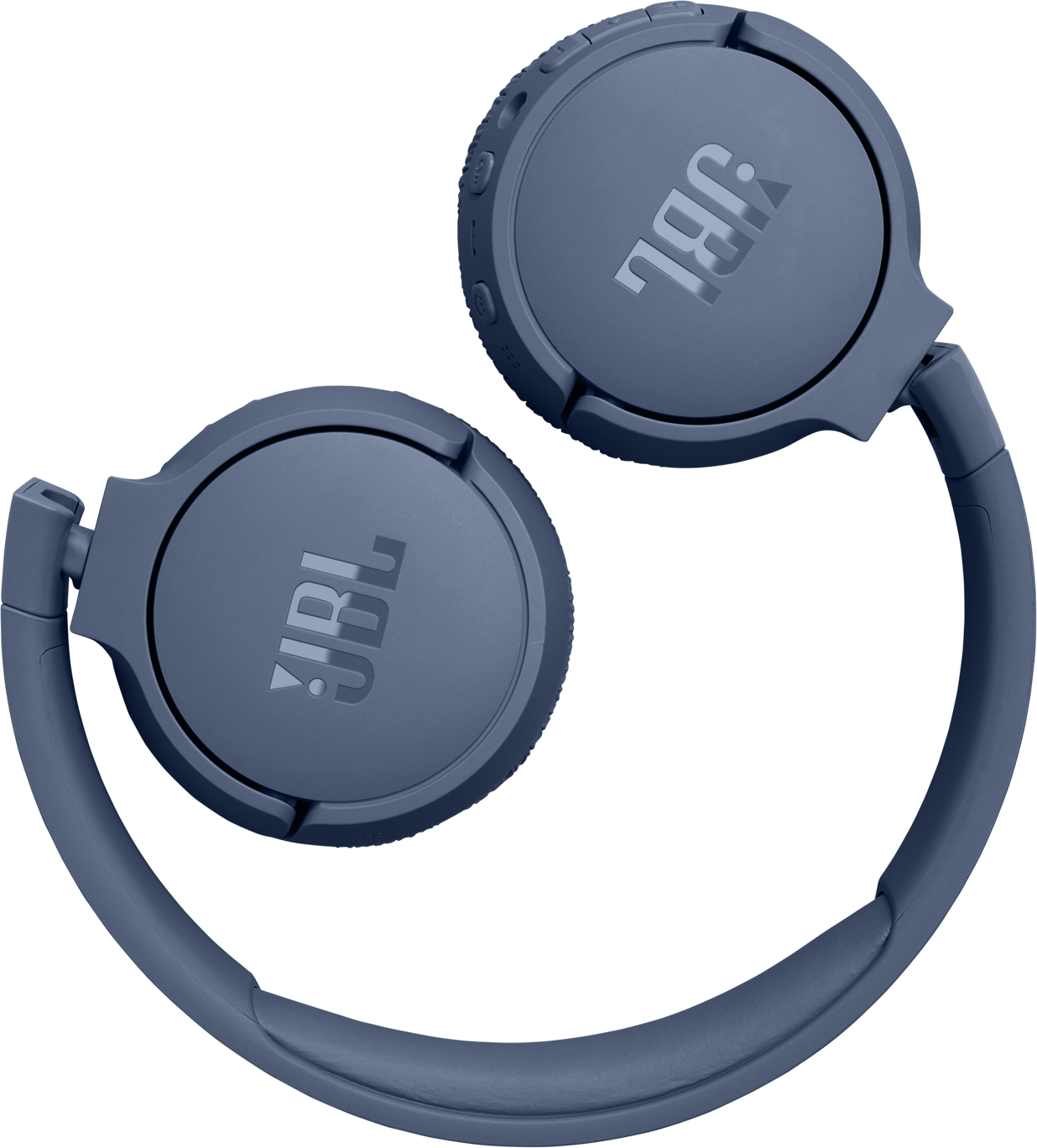Casque JBL bleu, vue de dessus. Bandeau relie les écouteurs. Fond blanc.
