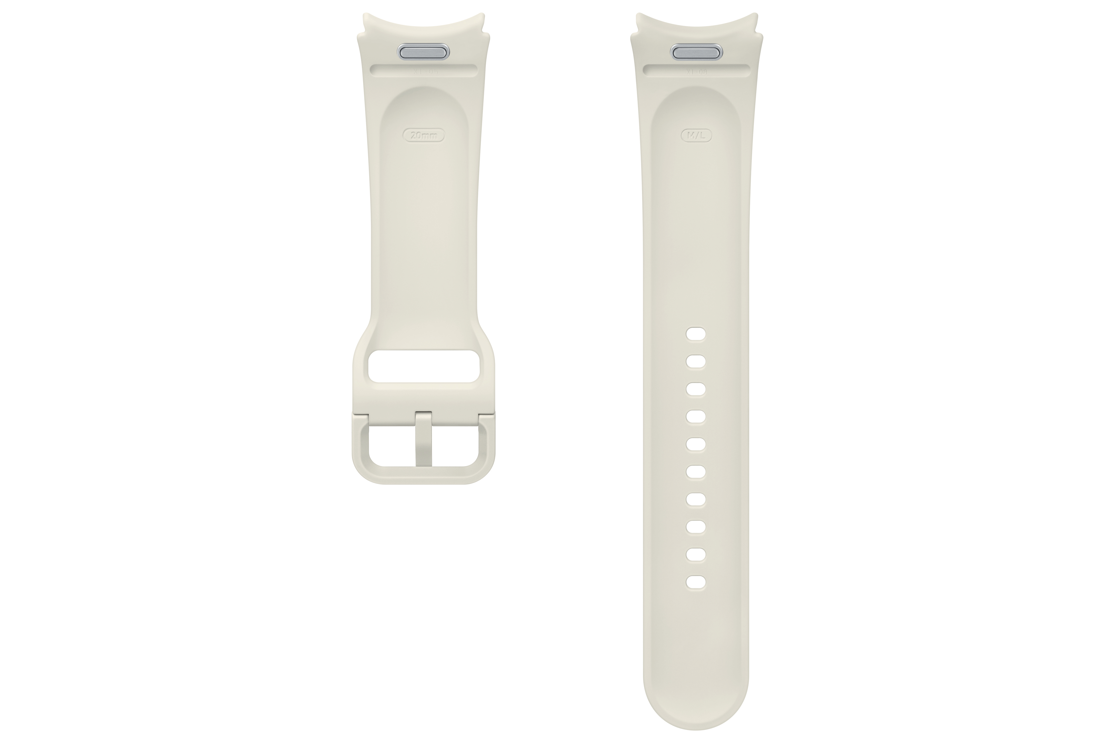 Beiges Uhrenarmband. Es hat eine Schnalle und einen Stift, bereit zum Anbringen an einer Uhr. 25 mm und L/XL Größe angegeben.