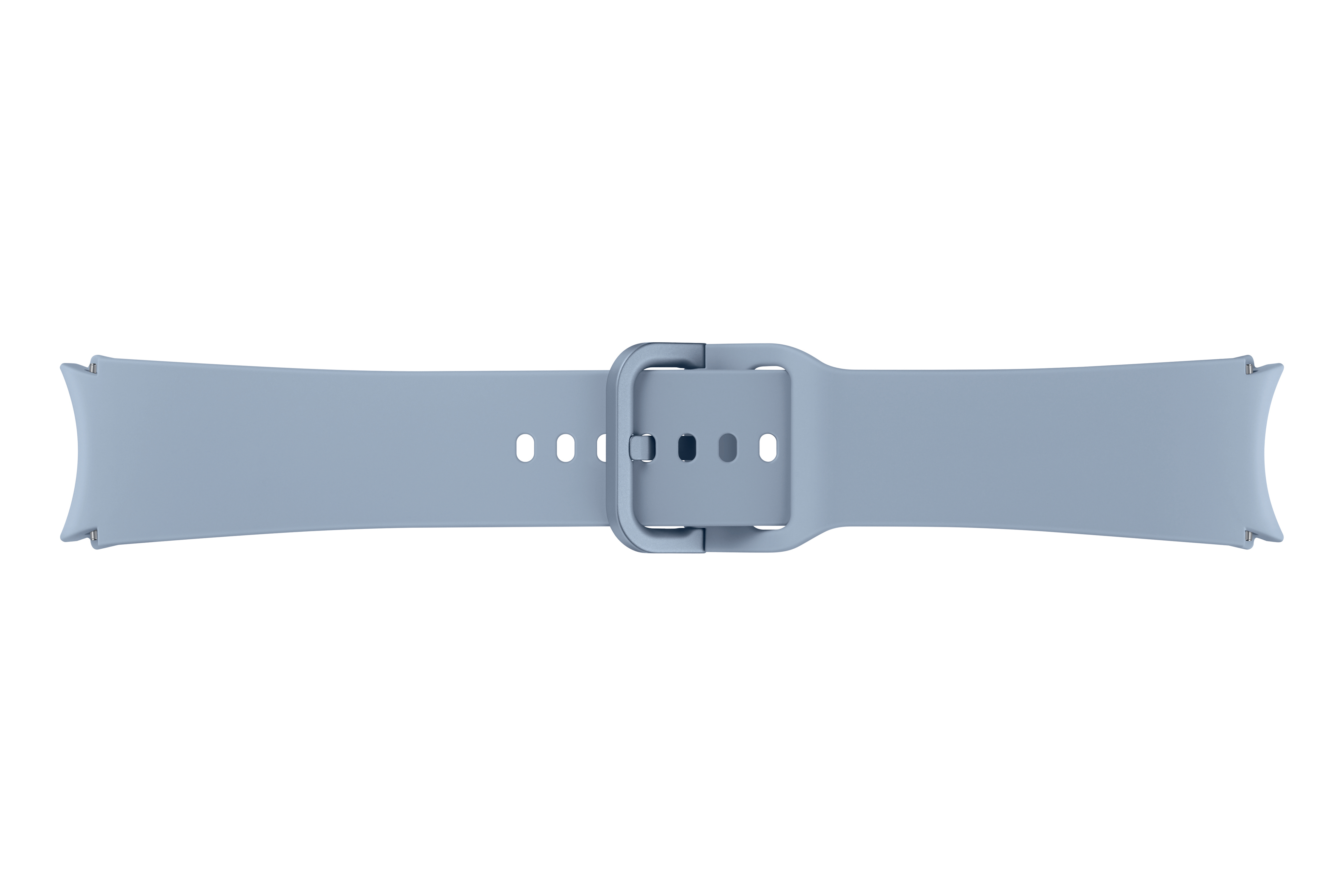 Hellblaues Uhrenarmband mit silberner Schnalle vor weißem Hintergrund.