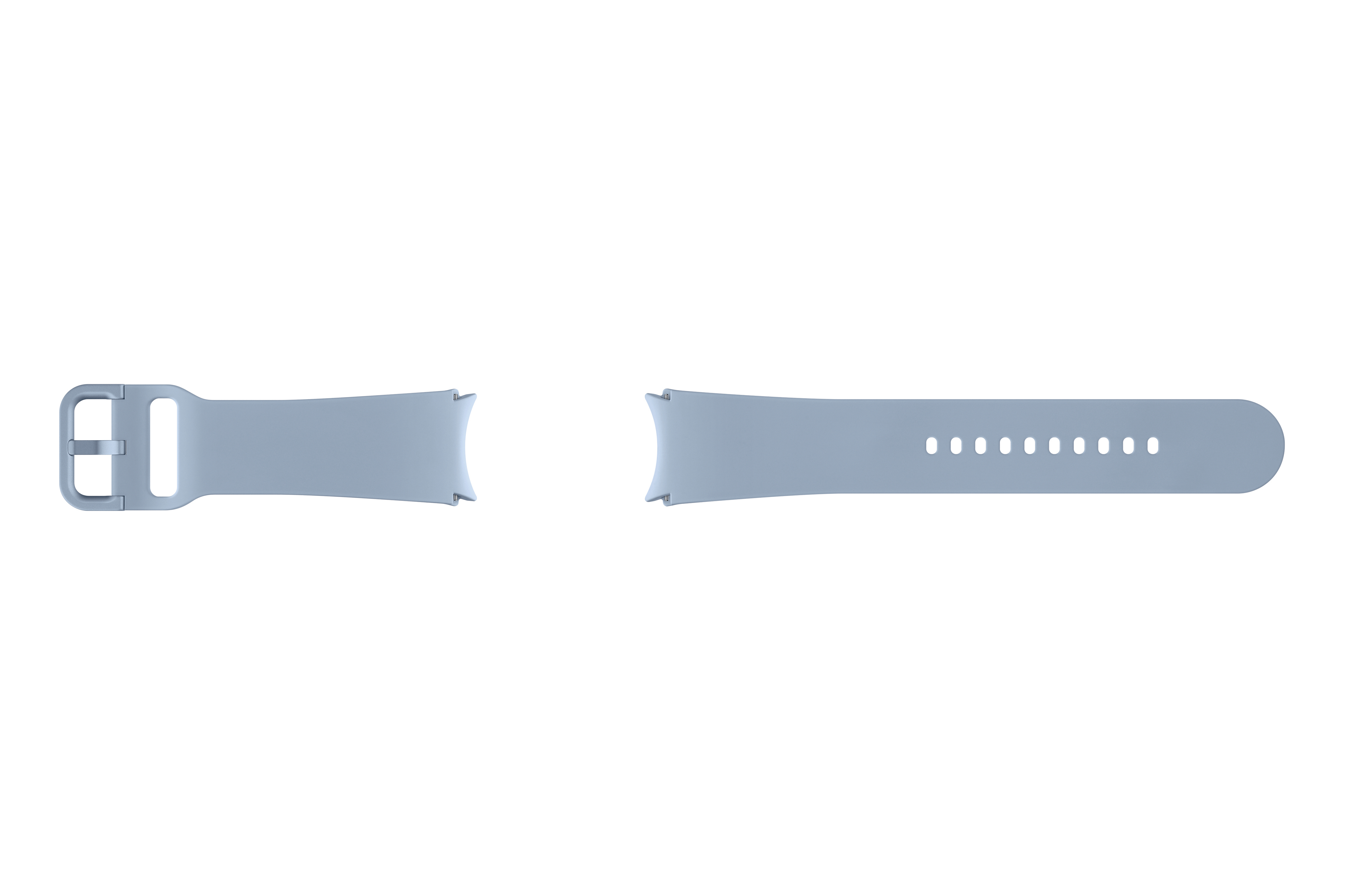 Hellblaues Uhrenarmband, getrennt, mit Schnalle links und Löchern rechts.