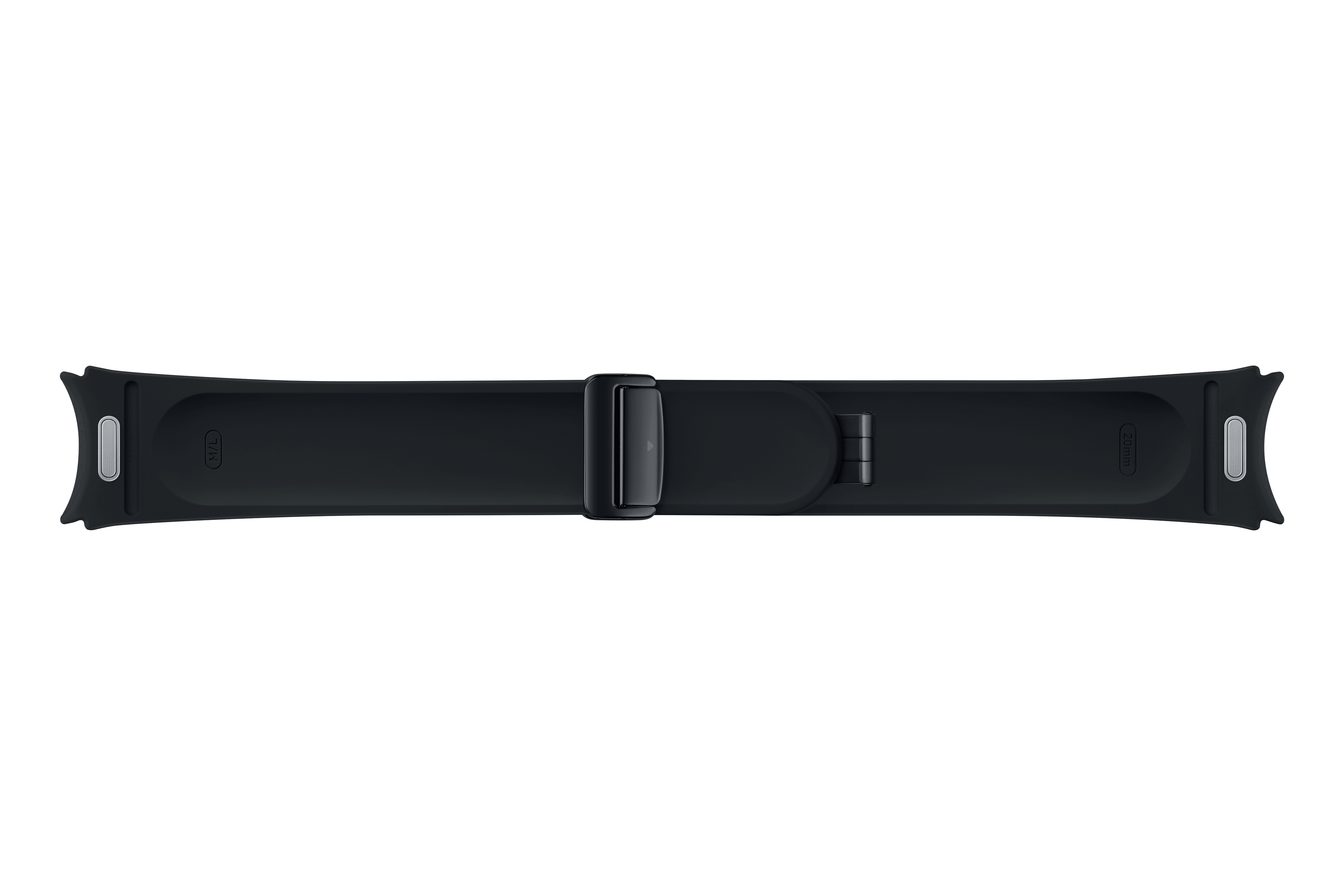 Schwarzes, gebogenes Uhrenarmband. Das Armband hat eine Schnalle und ist vor weißem Hintergrund.