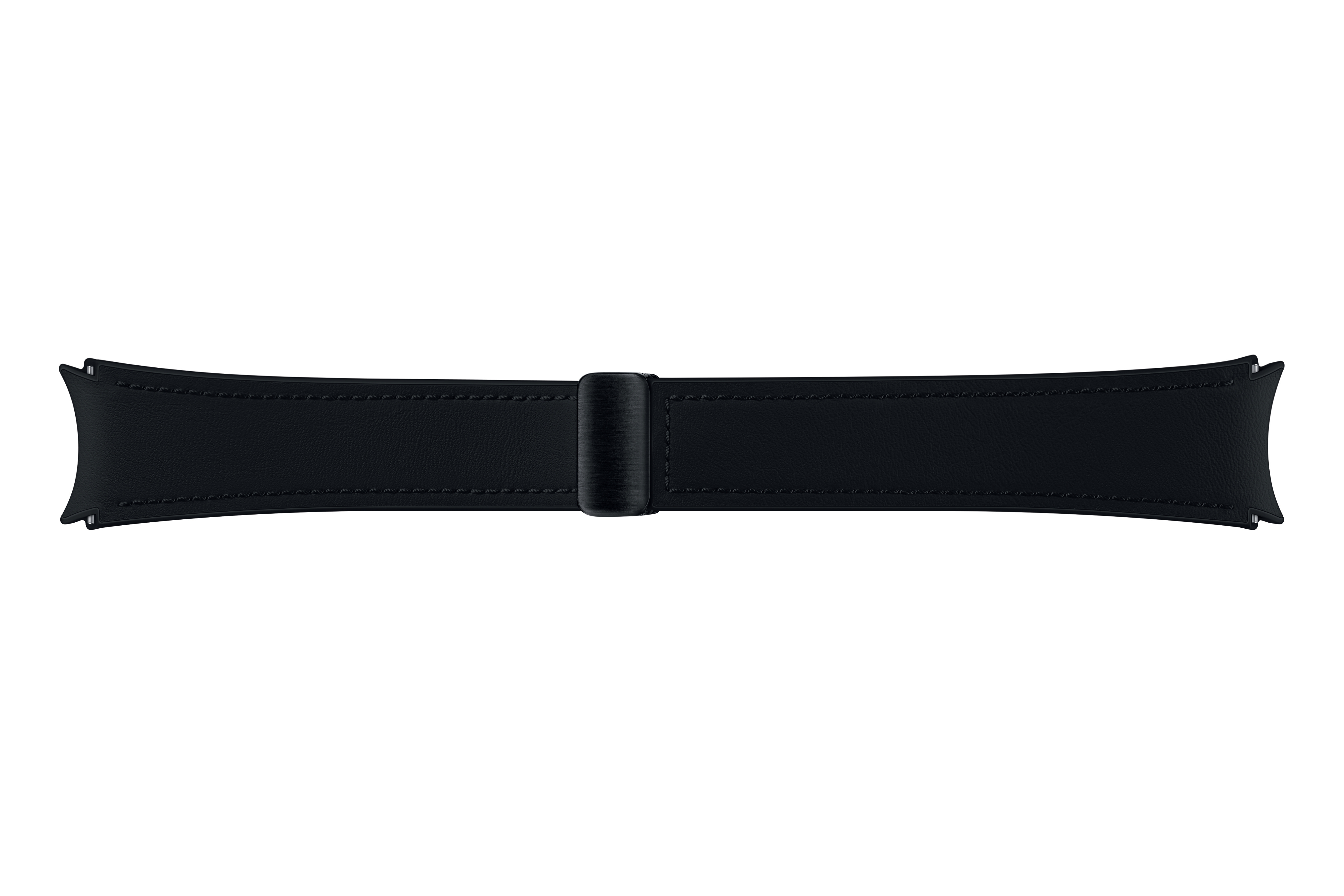 Schwarzes Leder-Uhrenarmband mit schwarzer Schnalle vor weißem Hintergrund.