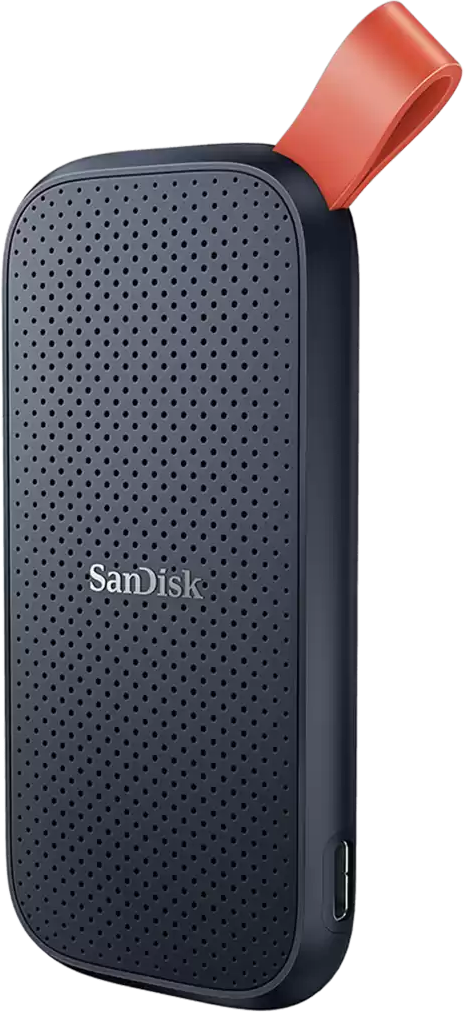 Eine dunkelblaue tragbare Festplatte mit rotem Riemen und dem Sandisk-Logo.