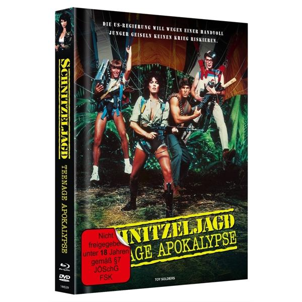 DVD-Hülle mit vier Personen in Action-Kleidung, Filmtitel: Schnitzeljagd Teenage Apocalypse.
