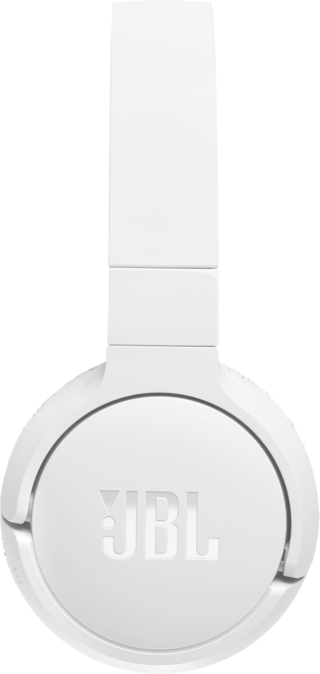 Casque JBL blanc, vue de face. L'arceau est étendu. Les écouteurs sont ronds avec le logo JBL.