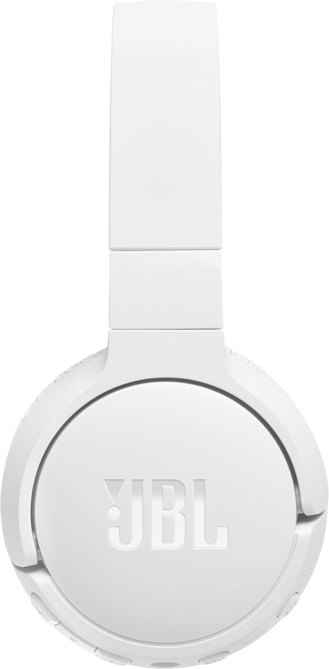 Casque JBL blanc en vue de face. Le logo JBL est centré sur l'écouteur.